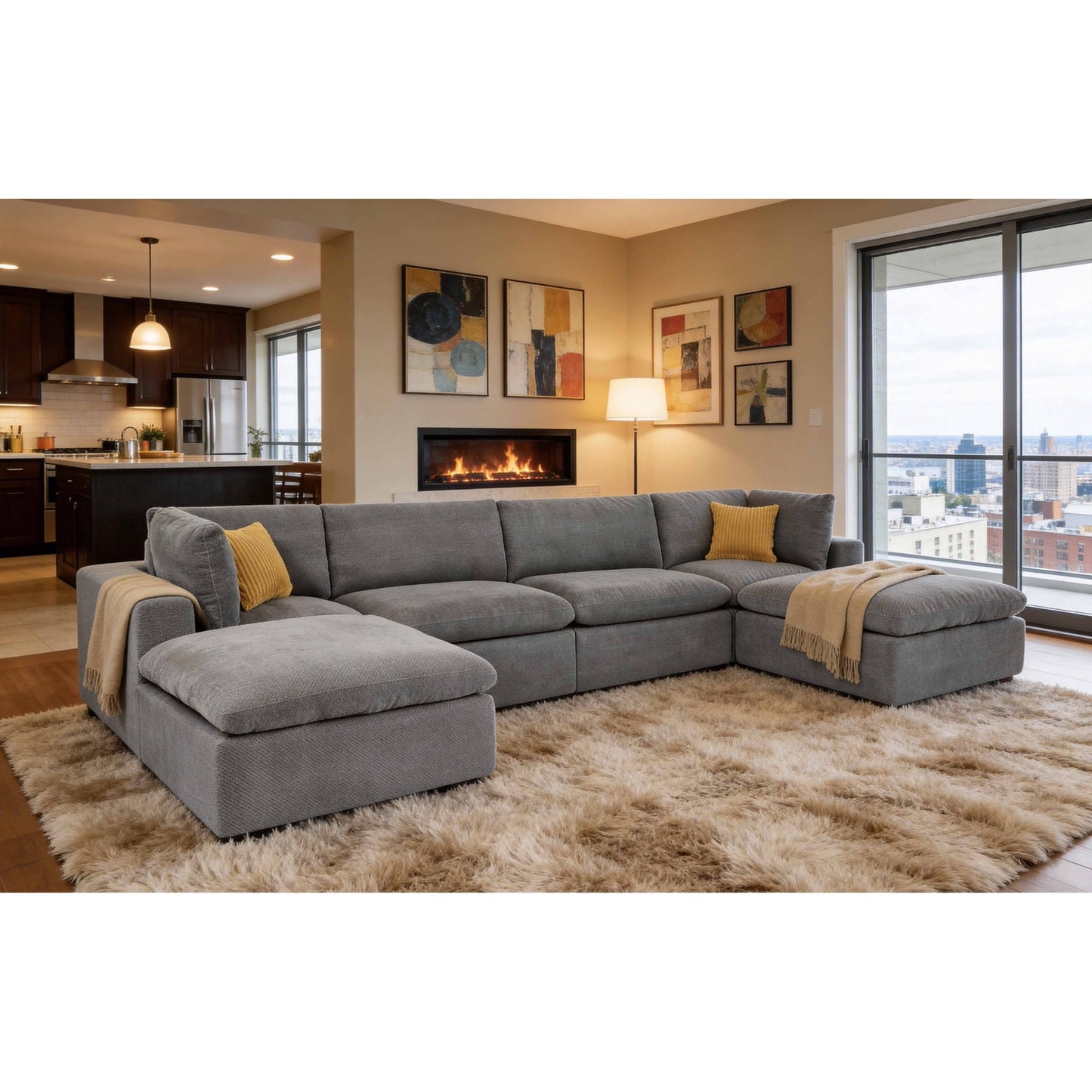 Muumblus 160" Oversized Modular Sectional Sofa with 2 Movable Chaise Ottomans, U-Shaped Boneless Cloud Couch for Living Room, Light Gray