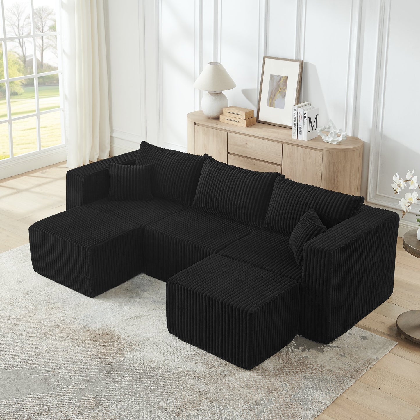 Muumblus U-Shaped Modular Sectional Sofa with 2 Movable Ottomans, Boneless Cloud Couch, No Assembly Sofa Set for Small Spaces, Living Room, Black Corduroy