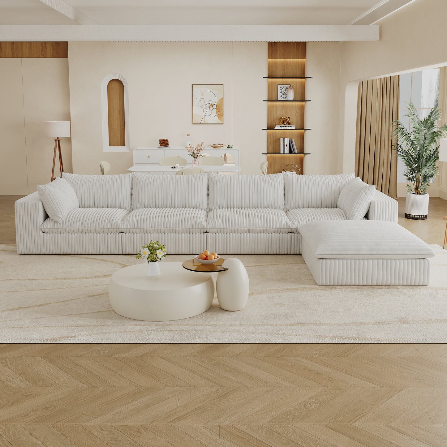 Muumblus Modular Sectional Sofa with Movable Ottoman, L-Shaped Deep Seat Corduroy Cloud Couch, No Assembly Boneless Couches for Living Room, White