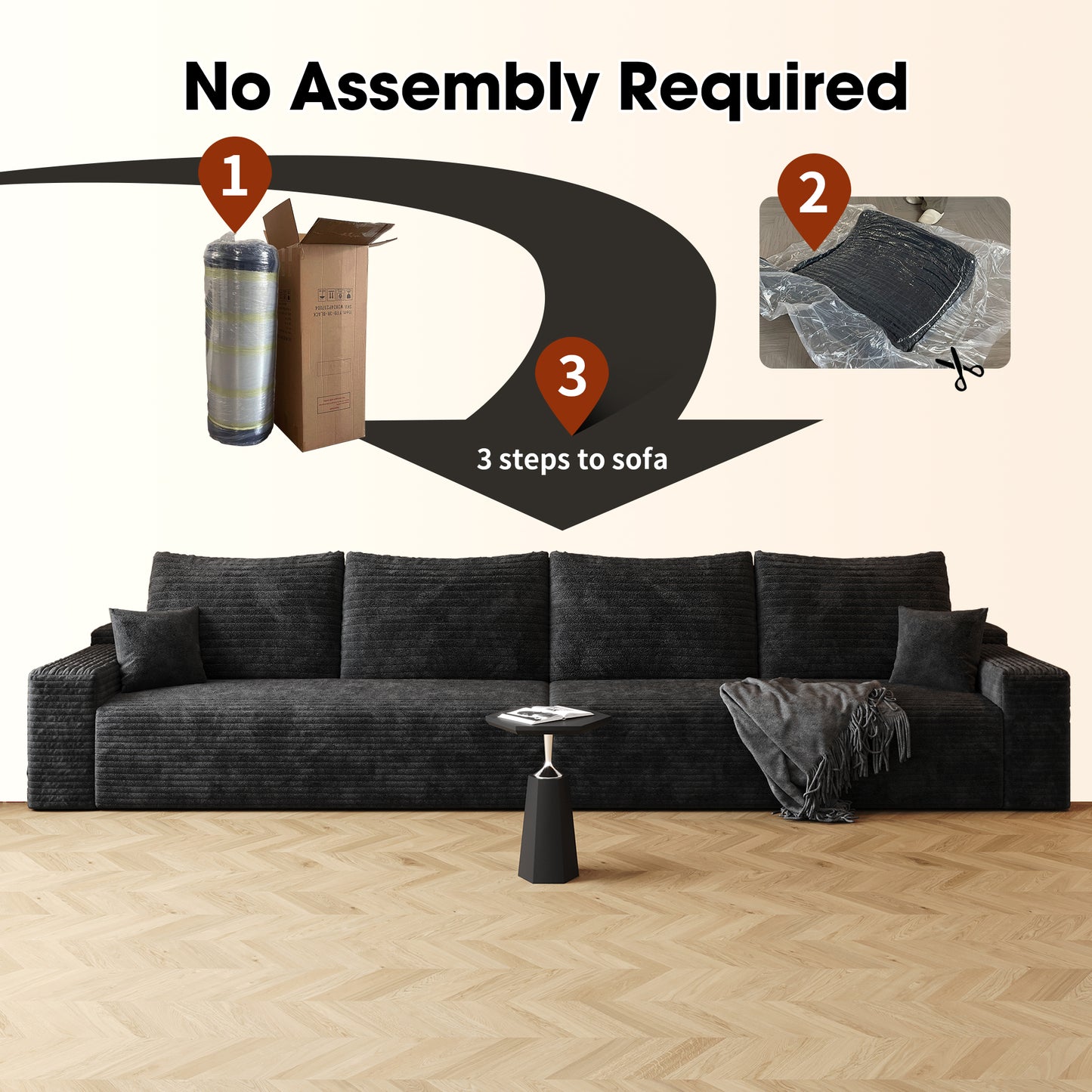Muumblus 140" Cloud Sectional Sofa, Cozy 4-Seater Modular Sofa, Plush Corduroy Sleeper Bed Couch, No Assembly Required, Black