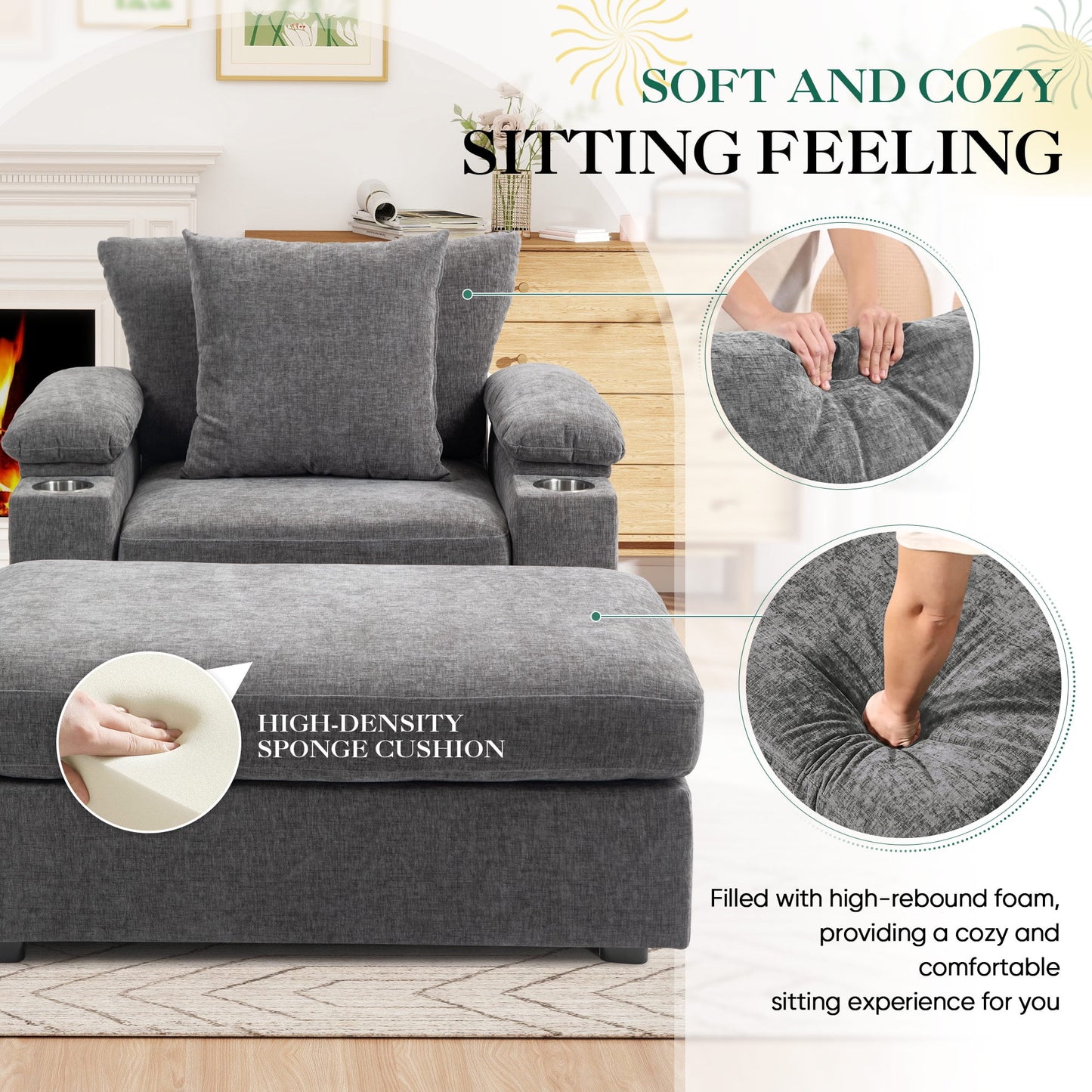 Muumblus Accent Chair with USB & Storage Arms, Cozy Indoor Lounge Chair with Ottoman