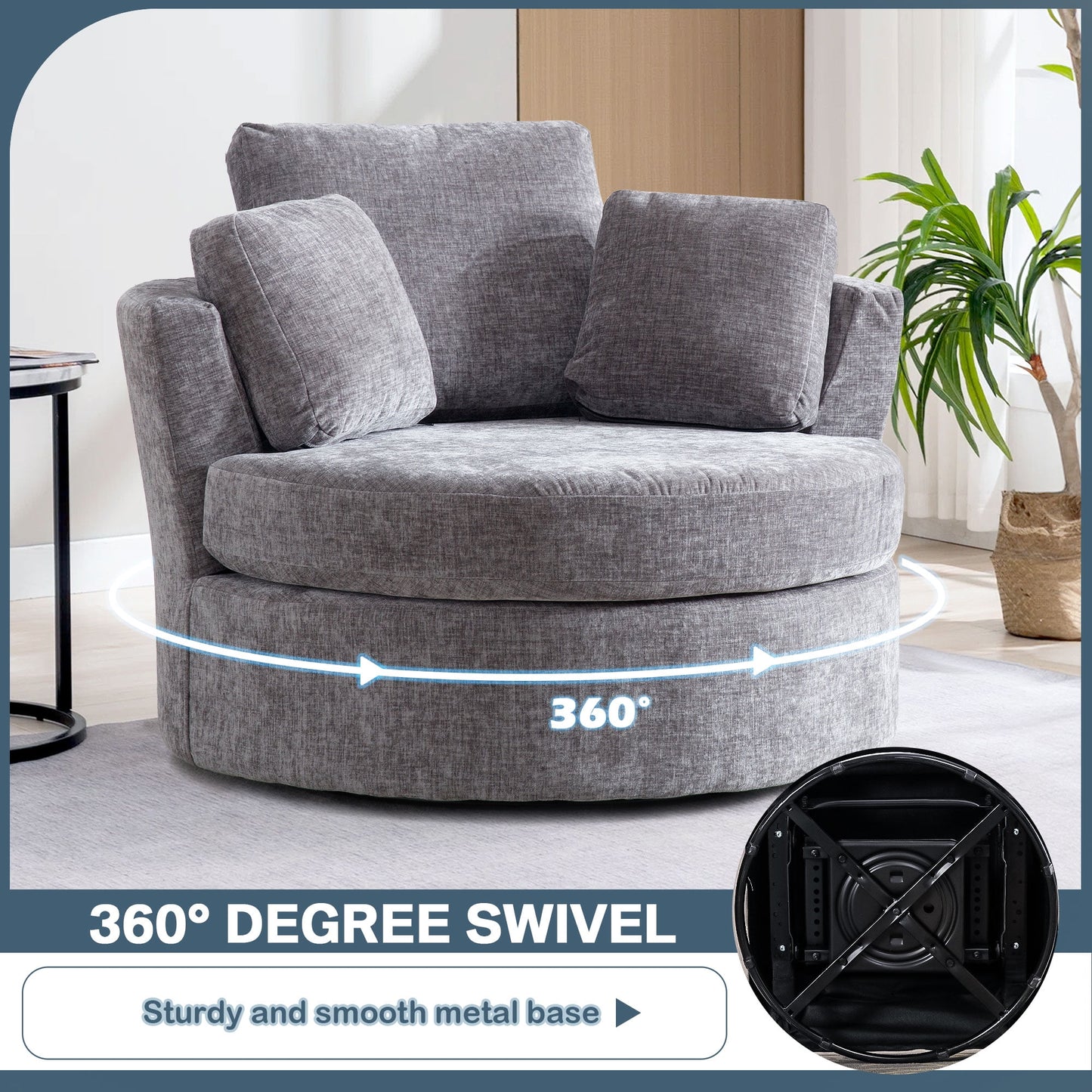 Muumblus Chenille Swivel Barrel Accent Chair with Storage Ottoman, Oversized Comfy Armchair for Living Room Bedroom