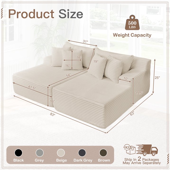 Muumblus 83" Oversized Double Chaise Lounge Chair Indoor, Modern Boneless Plush Corduroy Upholstered Modural Sectional Sleeper Cloud Couch for Living Room Apartment