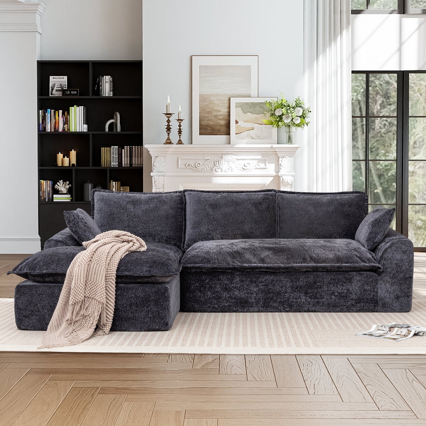 Muumblus 103" Boneless Sectional Sofa with Left Chaise, Comfy L-Shaped Modular Couch for Living Room, No Assembly Required, Black Chenille