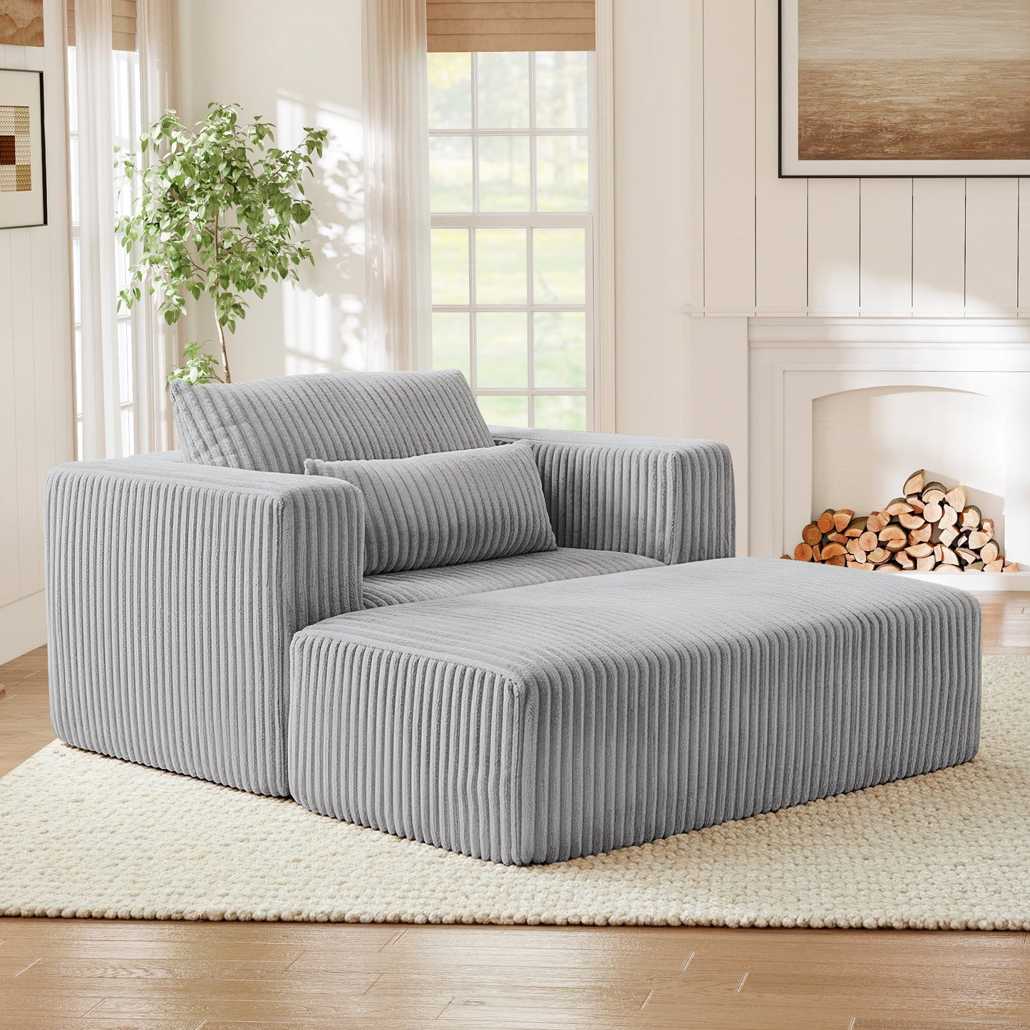 Muumblus Accent Chair with Movable Ottoman, Oversized Indoor Chaise Lounge Chair, No Assembly, Boneless Corduroy Cloud Sofa for Living Room, Gray