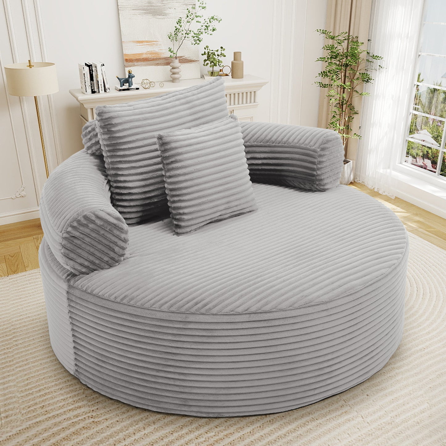 Muumblus 55" Indoor Round Lounge Chair, Oversized Boneless Accent Barrel Chair, Black Corduroy