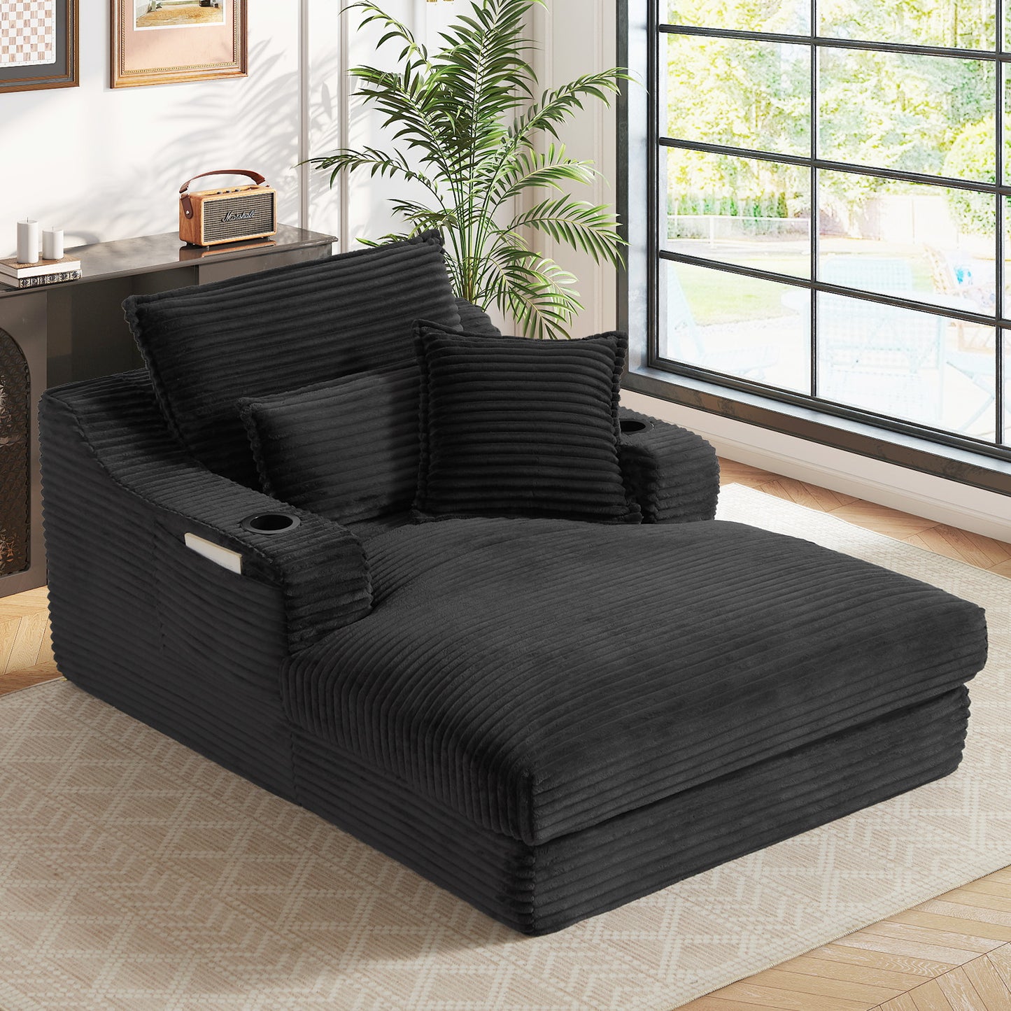 Muumblus Indoor Chaise Lounge with Cup Holders, No Assembly Required, Oversized Upholstered Lounge Chair Sofa Bed for Living Room, Bedroom, Apt., Beige Corduroy