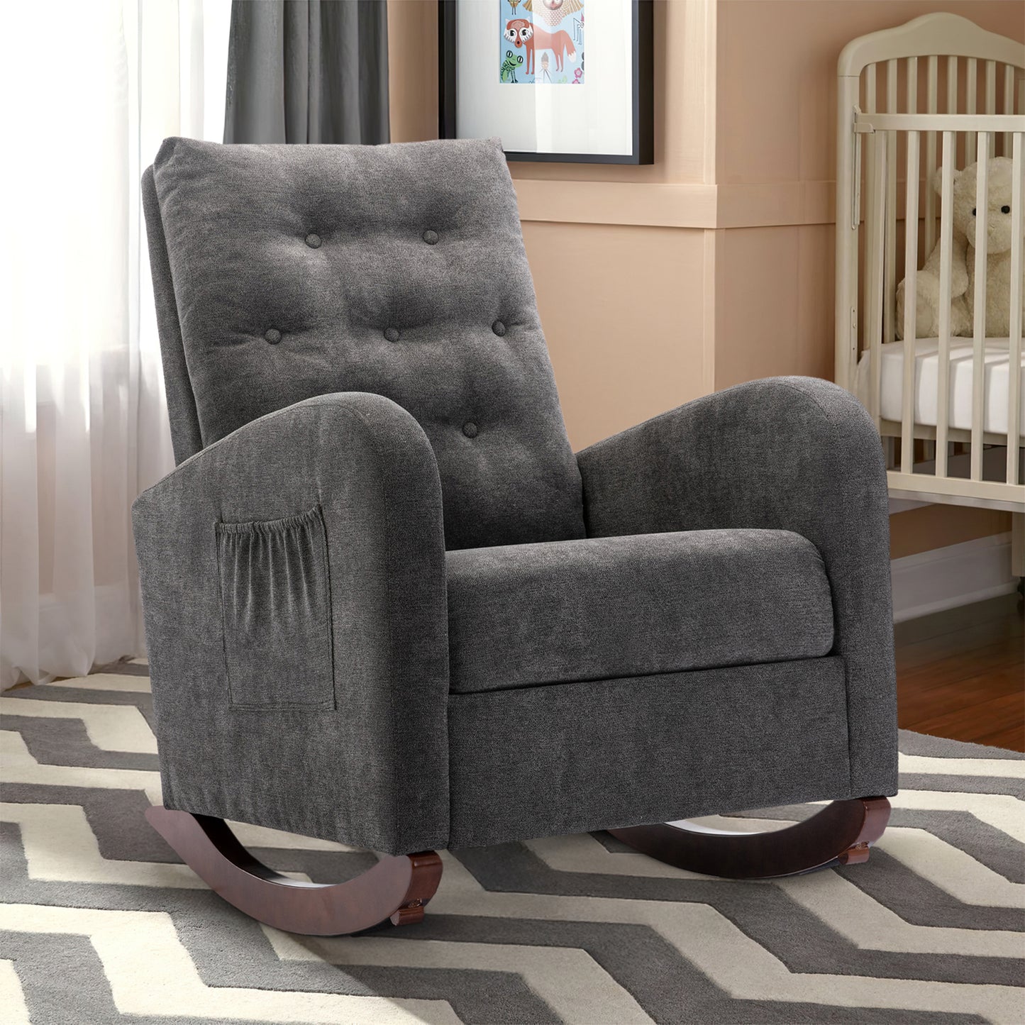 Muumblus Glider Rocker for Living Room, Rocking Chair for Nursery, Tufted High Back, Beige Linen