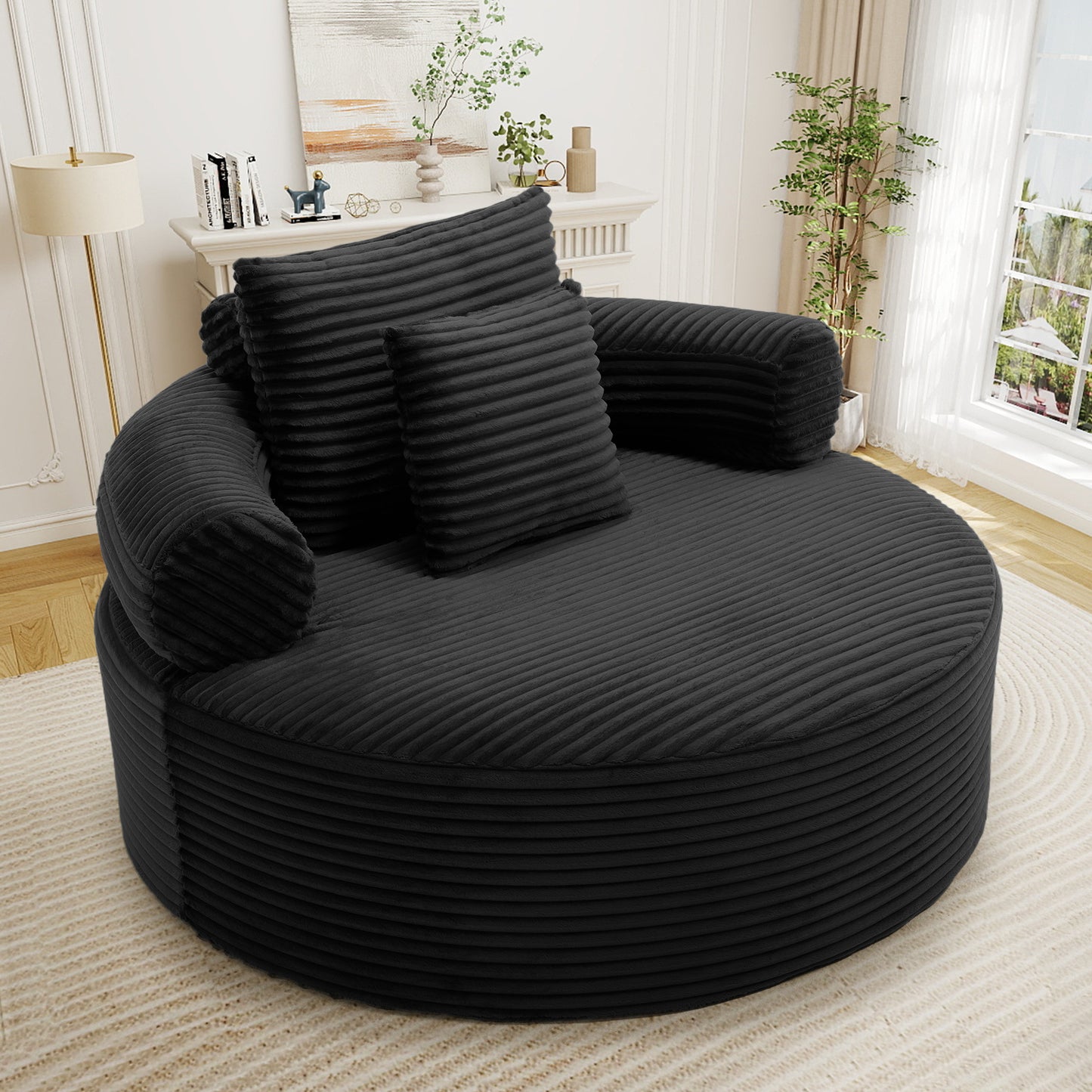 Muumblus 55" Indoor Round Lounge Chair, Oversized Boneless Accent Barrel Chair, Black Corduroy