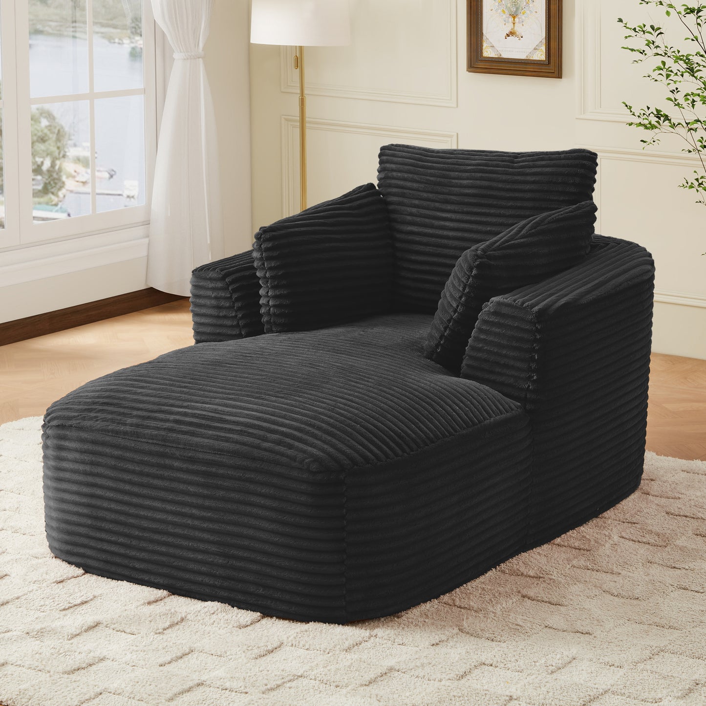 Muumblus Chaise Lounge Indoor, Cozy Lounge Chair Sleeper Sofa for Adults, No Assembly Required, Black Corduroy