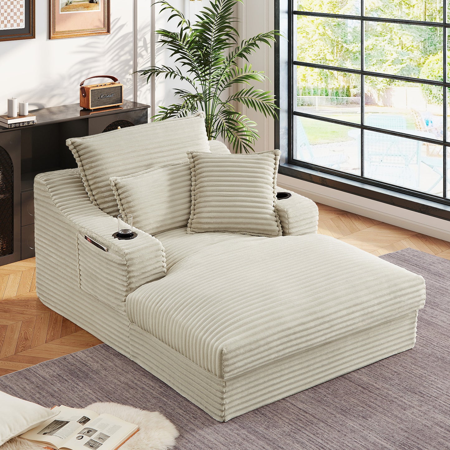 Muumblus Indoor Chaise Lounge with Cup Holders, No Assembly Required, Oversized Upholstered Lounge Chair Sofa Bed for Living Room, Bedroom, Apt., Beige Corduroy