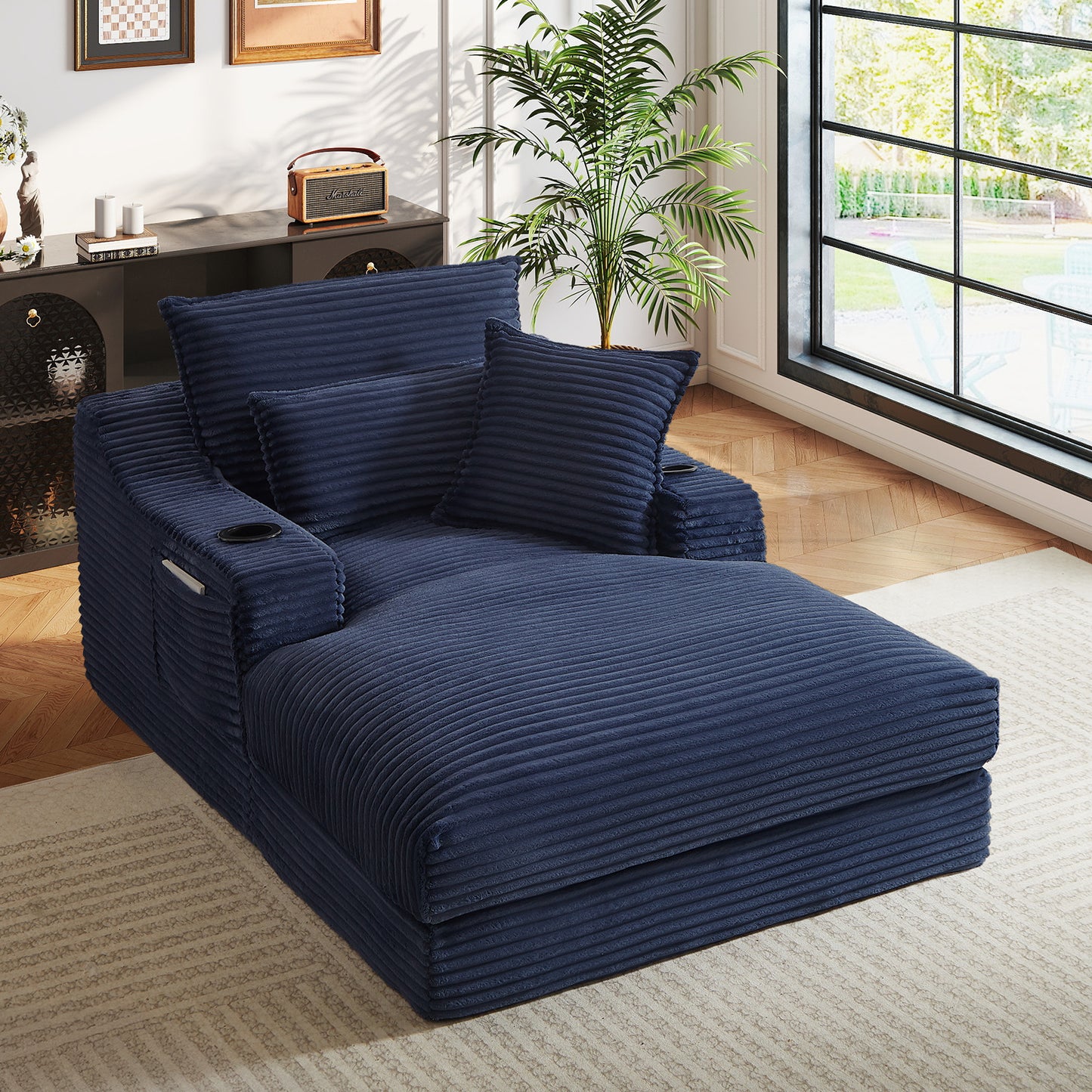 Muumblus Indoor Chaise Lounge with Cup Holders, No Assembly Required, Oversized Upholstered Lounge Chair Sofa Bed for Living Room, Bedroom, Apt., Beige Corduroy