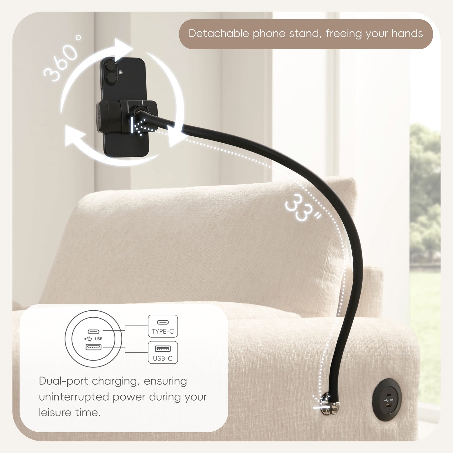 Muumblus Accent Armchair with USB & Phone Stand, Lounge Chair with Storage Ottoman, Indoor Chaise Lounge, Cozy Single Sofa for Living Room, Apt, Beige Chenille