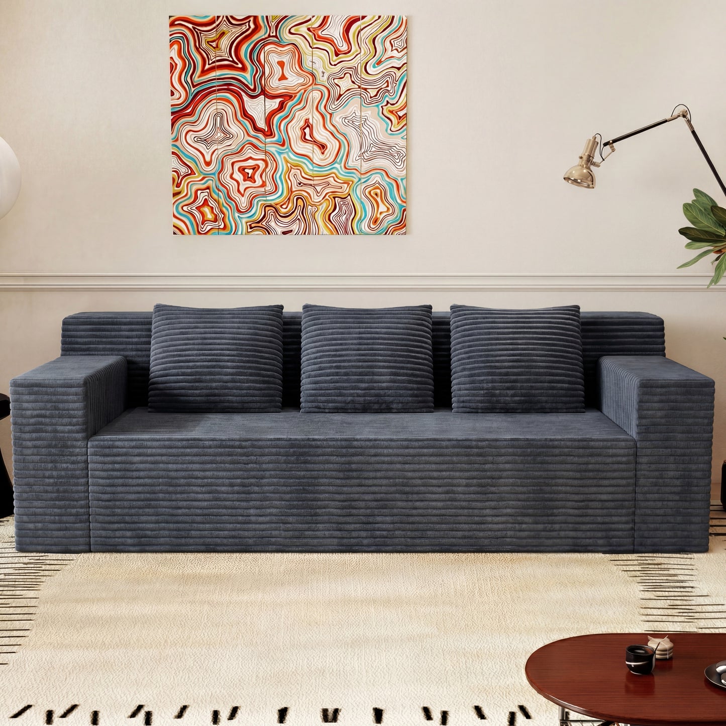 Muumblus 71" Boneless Sofa with Square Arms, Living Room Upholstered Deep Seat Couch with Pocket, Dark Gray Corduroy
