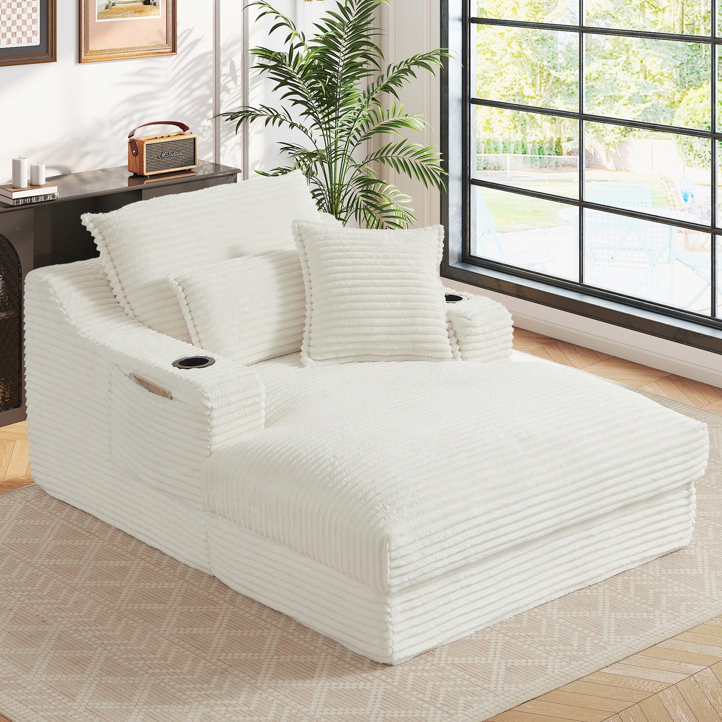 Muumblus Indoor Chaise Lounge with Cup Holders, No Assembly Required, Oversized Upholstered Lounge Chair Sofa Bed for Living Room, Bedroom, Apt., Beige Corduroy