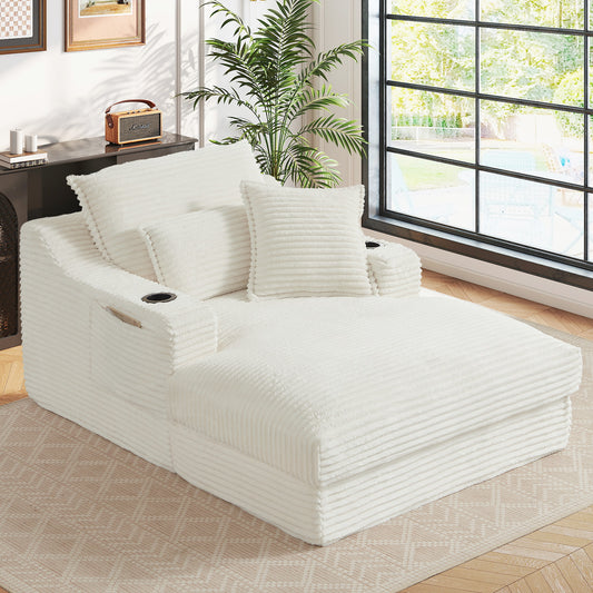Muumblus Indoor Chaise Lounge with Cup Holders, No Assembly Required, Oversized Upholstered Lounge Chair Sofa Bed for Living Room, Bedroom, Apt., Beige Corduroy