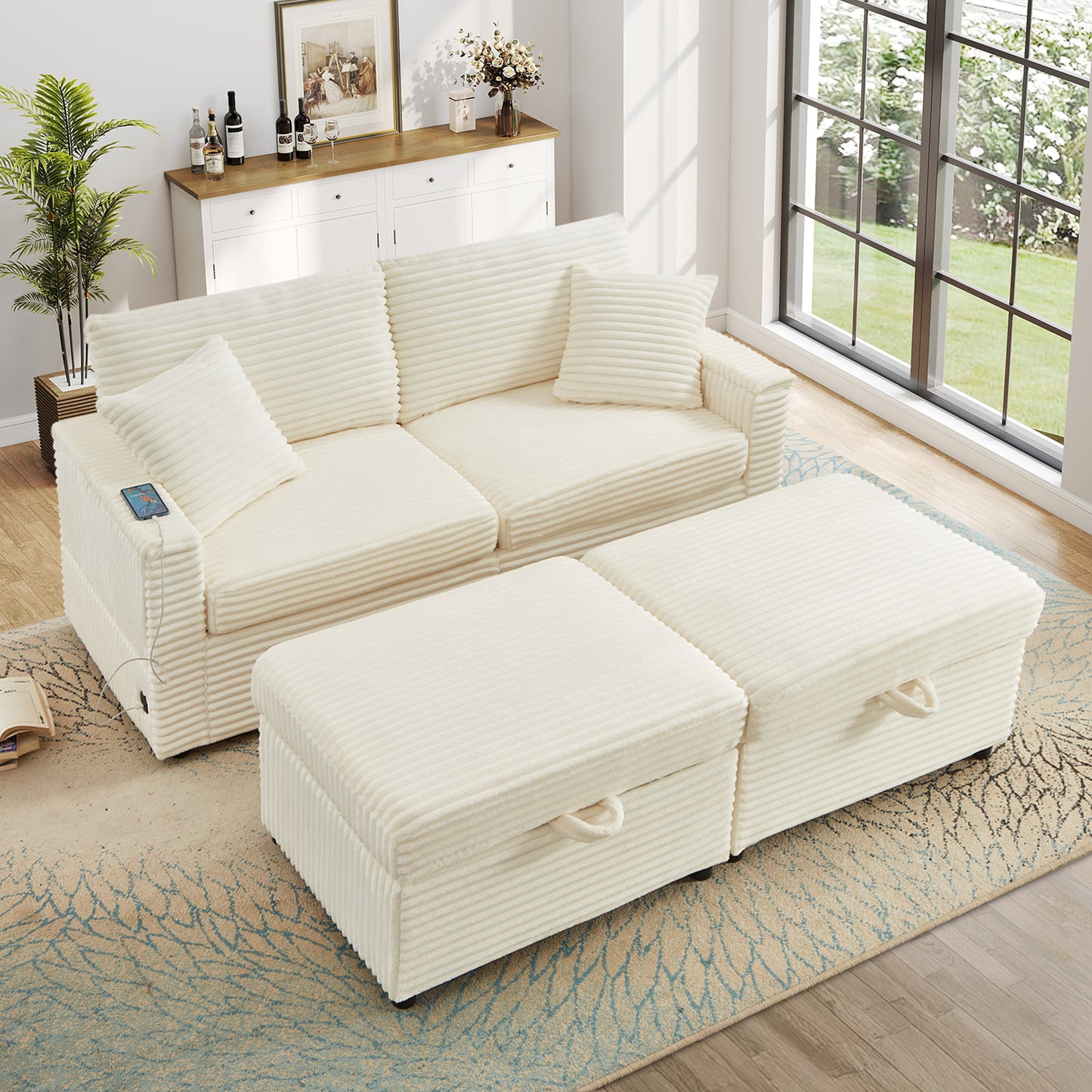 Muumblus Modular Sectional Sofa with 2 Storage Ottomans, 2 Side Tables & USB, Cozy Double Chaise Lounge Cloud Sofa, Plush Corduroy Sleeper Bed Couch for Living Room, White