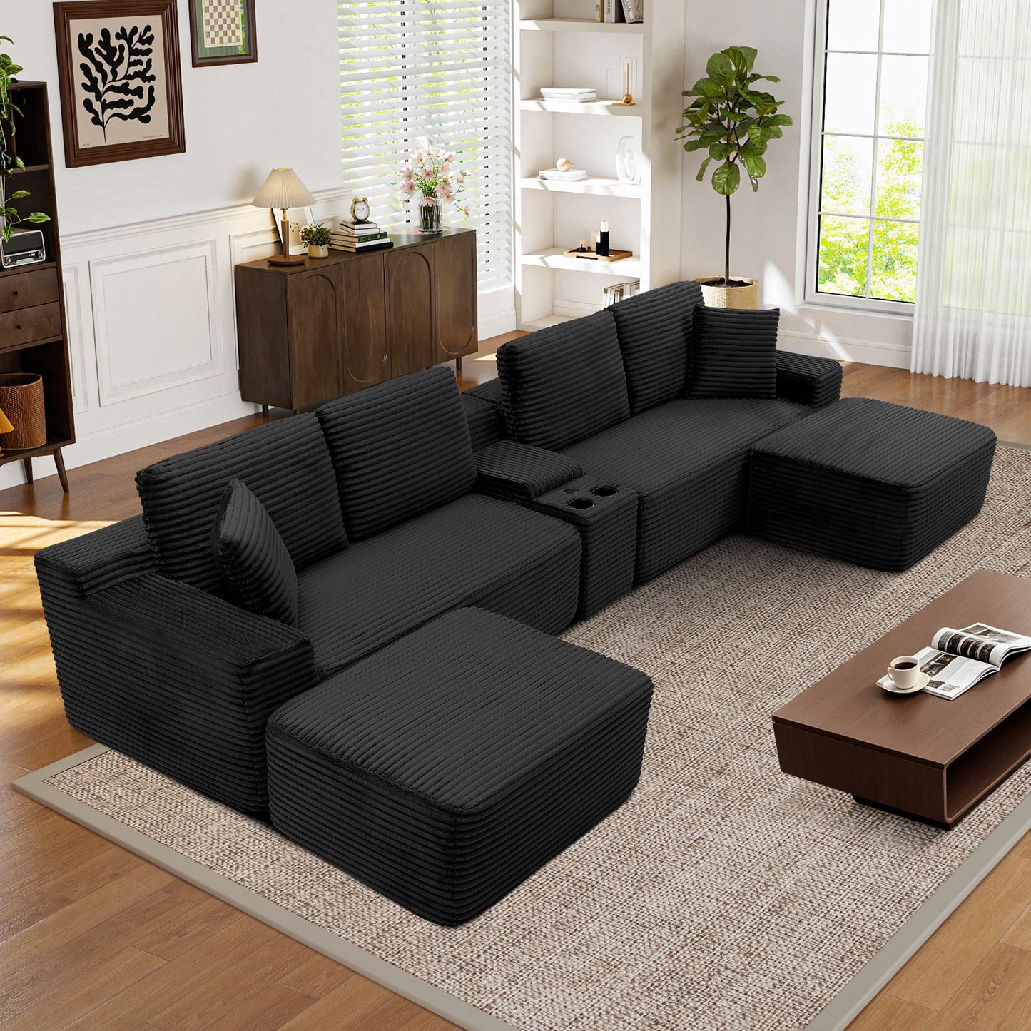 Muumblus 125" Cloud Sectional Sofa with Storage Console, U-Shaped Modular Couch with 2 Ottomans, USB, Cup Holders, Oversized Corduroy Living Room Sofa, Black