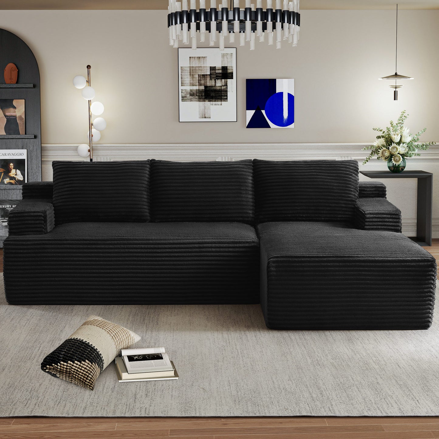 Muumblus L-Shaped Modular Sectional Sofa with Chaise, Boneless Deep Seat Cloud Couch, No Assembly Corduroy Sleeper Sofa for Living Room, Black（Right Facing Chaise）
