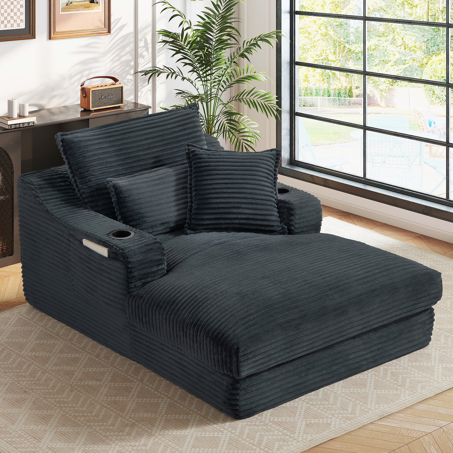 Muumblus Indoor Chaise Lounge with Cup Holders, No Assembly Required, Oversized Upholstered Lounge Chair Sofa Bed for Living Room, Bedroom, Apt., Beige Corduroy