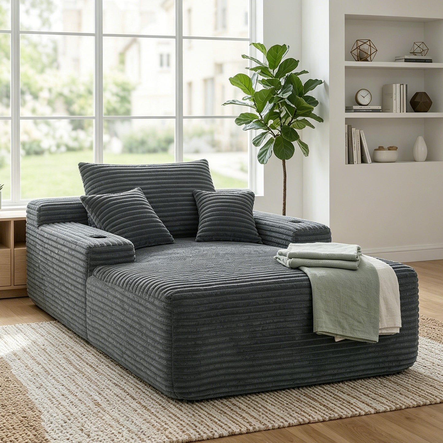 Muumblus Oversized Chaise Lounge Indoor, Upholstered Lounge Chair with Cup Holders, No Assembly Cloud Sleeper Sofa Bed, Gray Corduroy