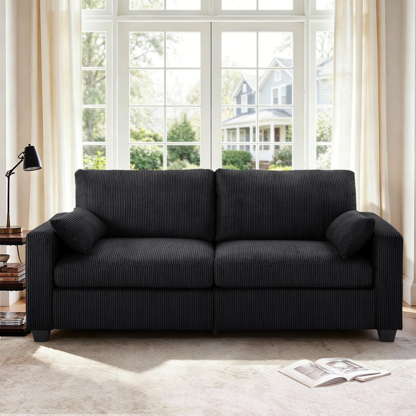 Muumblus 79" Living Room Sofa, Cozy Oversized Loveseat Sofa, Removable Covers, Black Corduroy