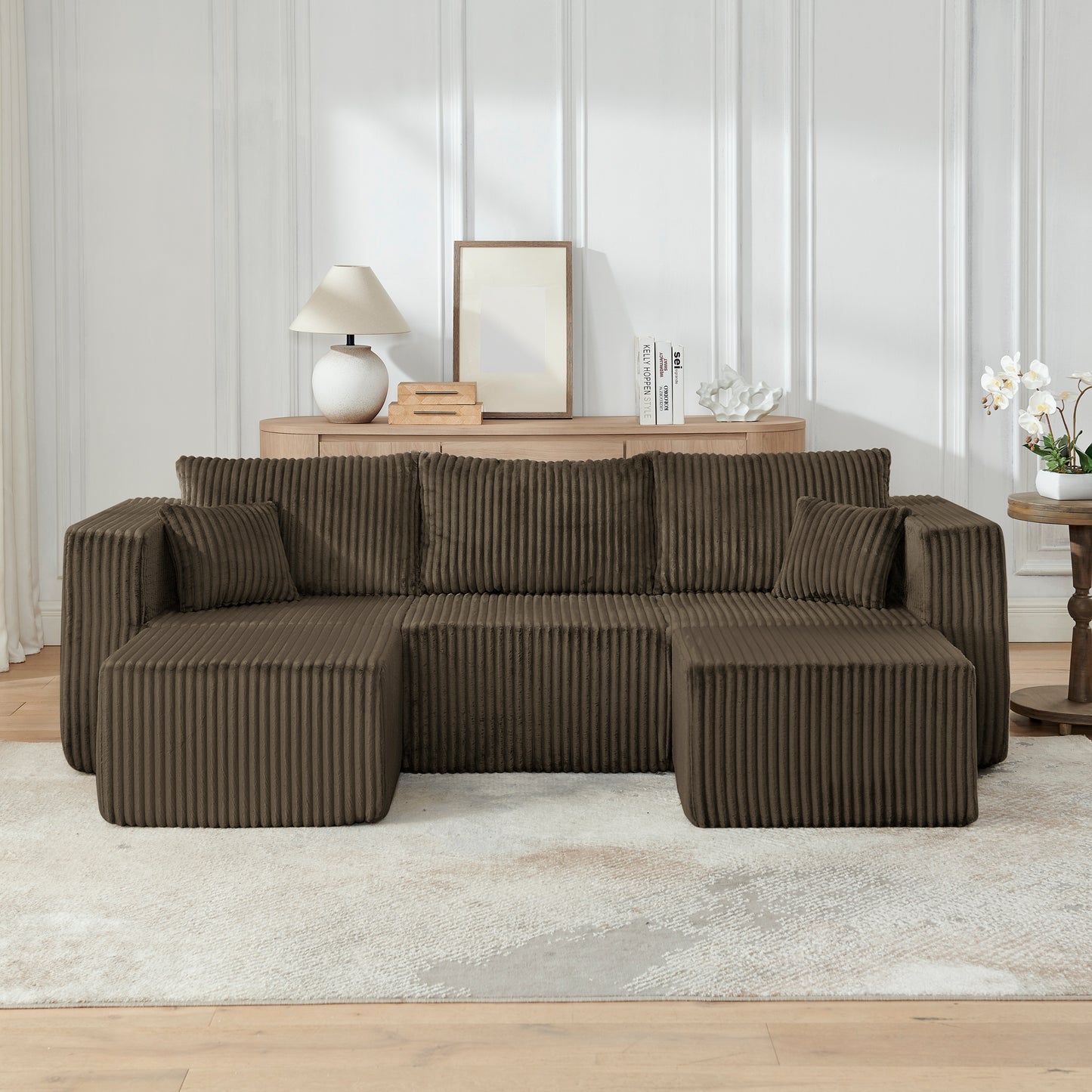 Muumblus U-Shaped Modular Sectional Sofa with 2 Movable Ottomans, Boneless Cloud Couch, No Assembly Sofa Set for Small Spaces, Living Room, Black Corduroy