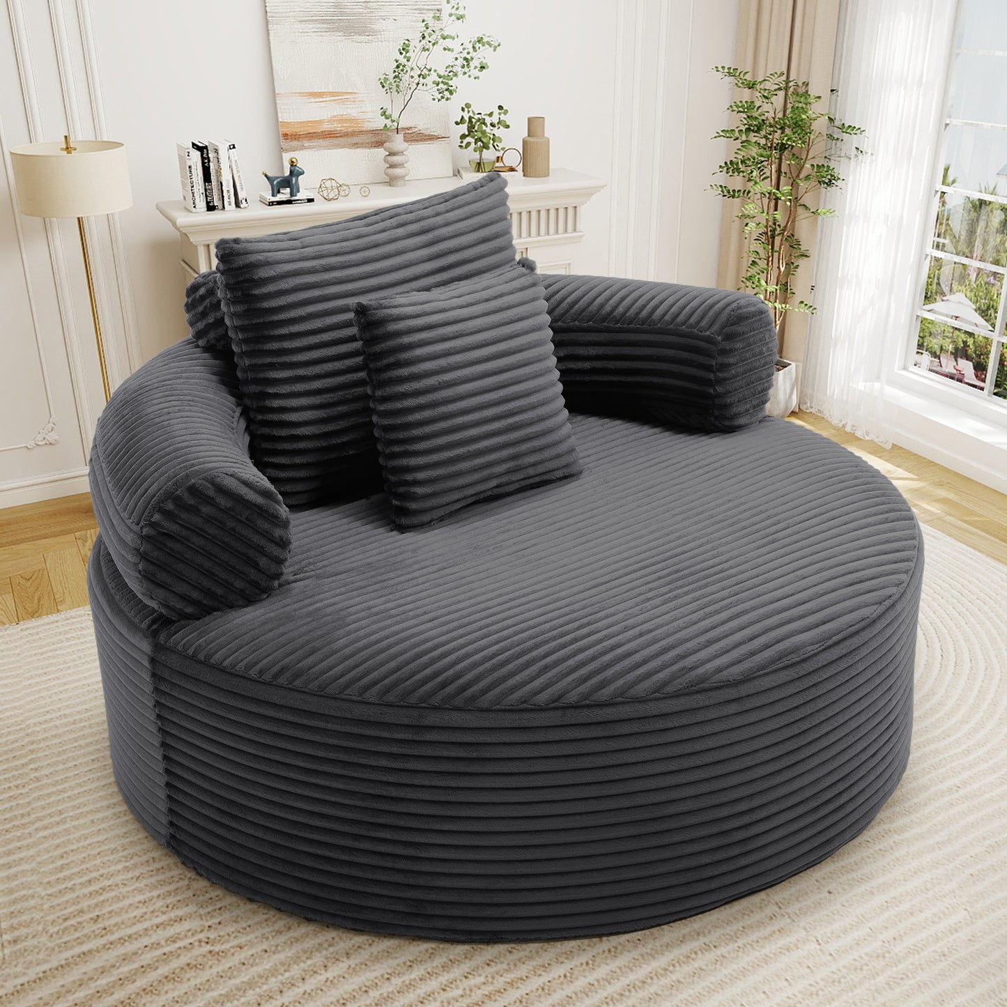 Muumblus 55" Indoor Round Lounge Chair, Oversized Boneless Accent Barrel Chair, Black Corduroy