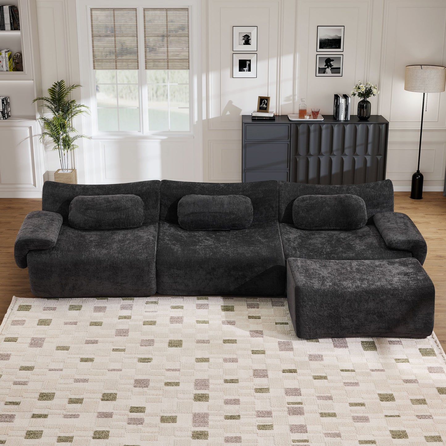 Muumblus Modular Sectional Sofa with Movable Ottoman, Oversized L-Shaped Cloud Sofa with Chaise, Boneless Deep Seat Living Room Couch, Black Chenille