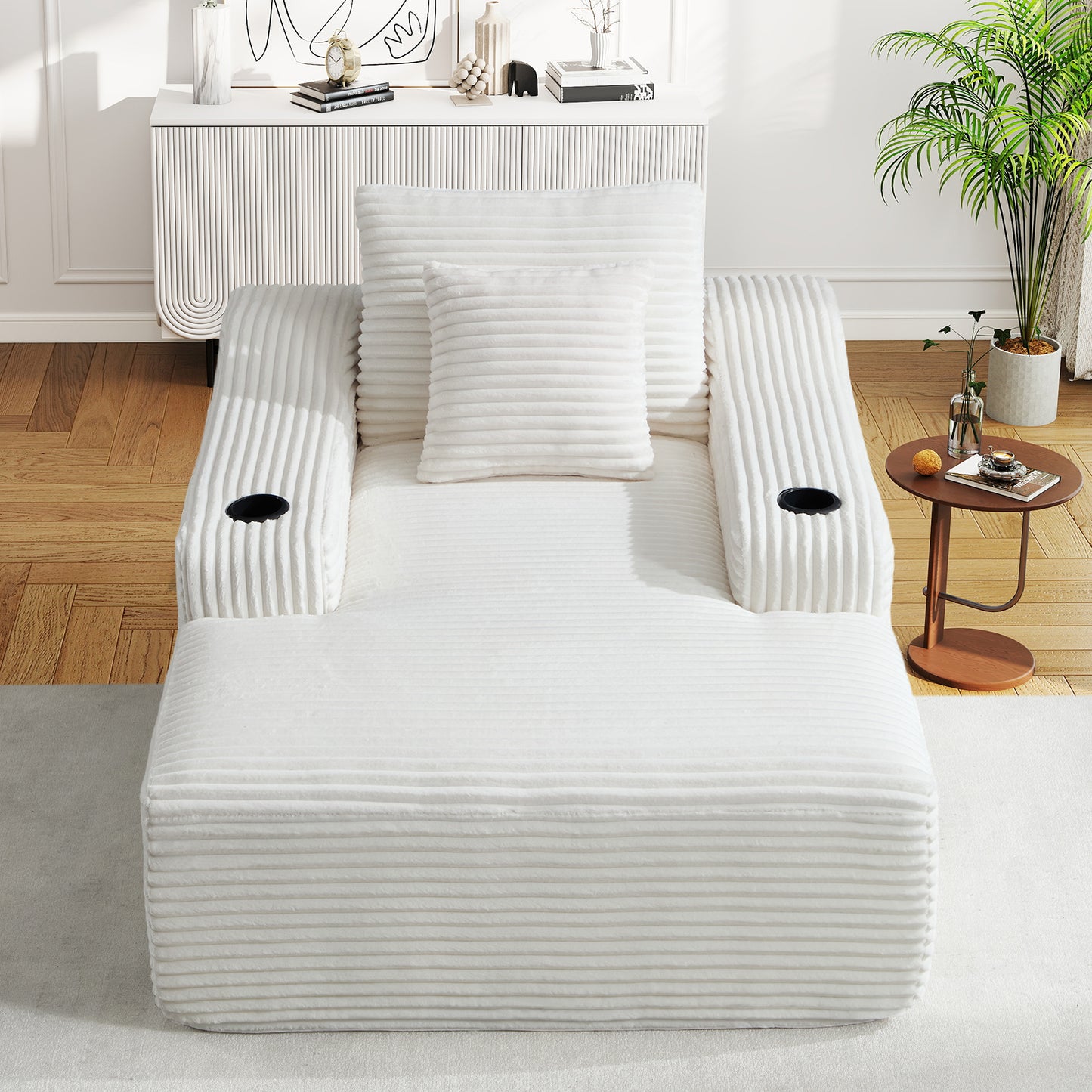 Muumblus Indoor Chaise Lounge Chair with Cup Holders, No Assembly Required, 67"D Oversized Deep Seat Cloud Couch, Corduroy Boneless Sleeper Sofa Bed for Livng Room, White