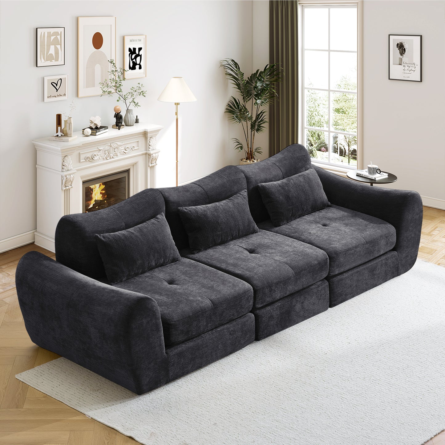 Muumblus 101.6" Modular Sectional Sofa, Convertible Floor Sofa Sleeper Bed, Modern Boneless Cloud Sectional for Living Room, Black Chenille