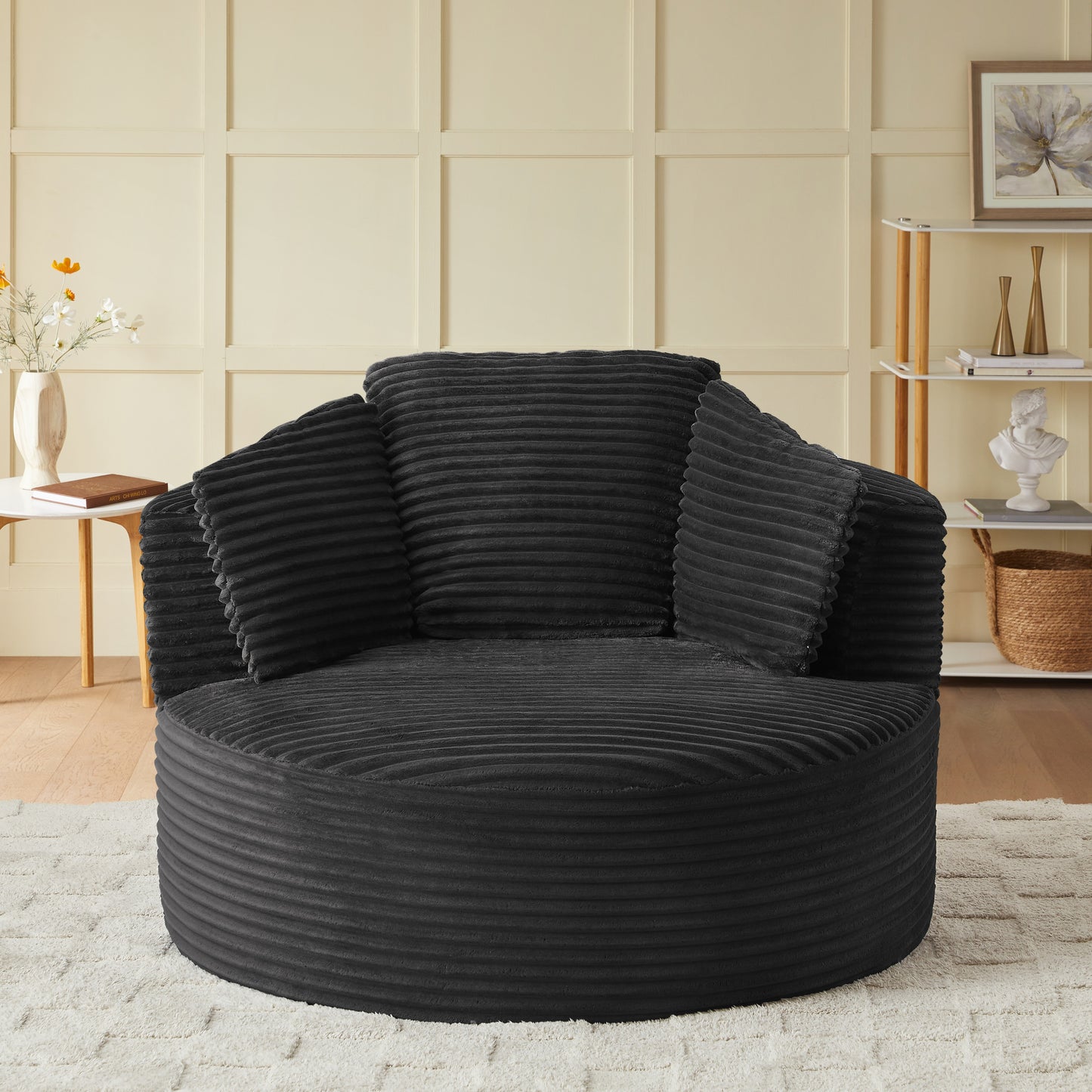 Muumblus 48.8" Oversized Accent Barrel Chair, Fluffy Round Lazy Sofa Chair for Adults, No Assembly Required, Black Corduroy