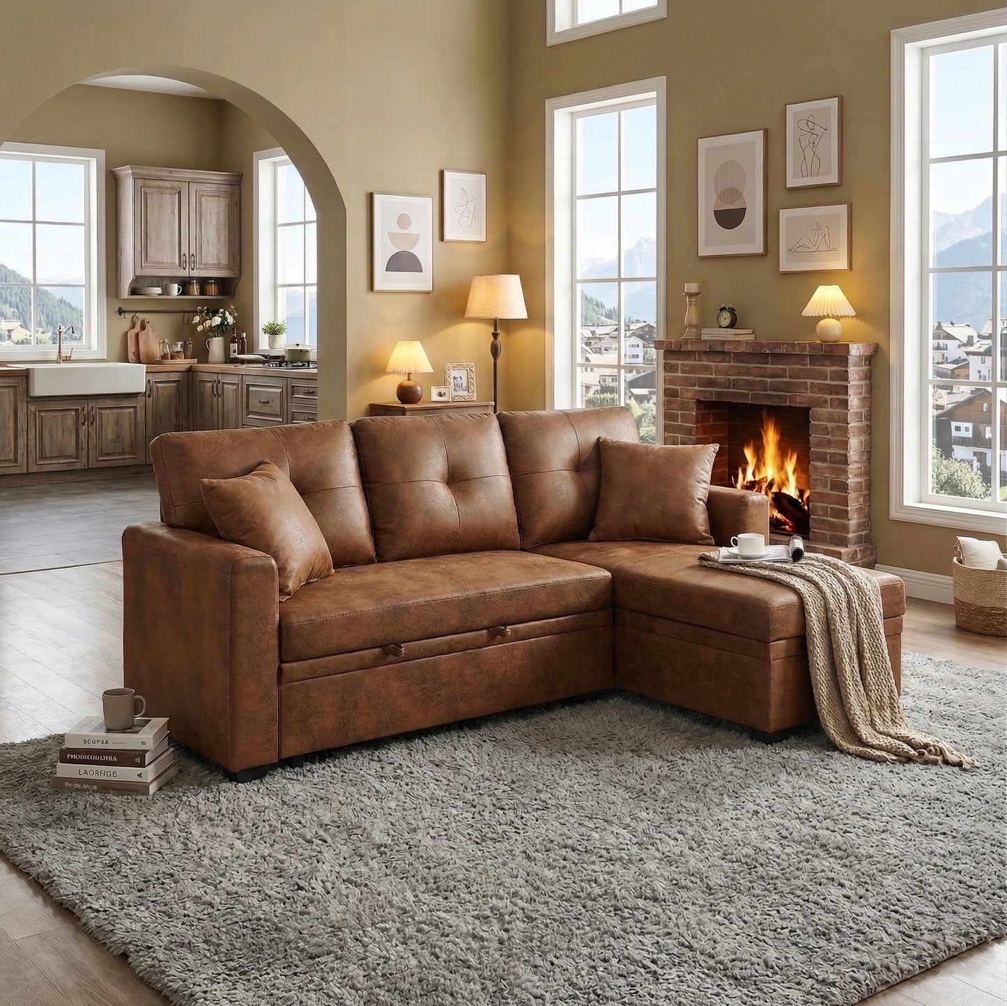 Muumblus Convertible Pull Out Sofa Bed, L-Shaped Sectional Sleeper Couch with Storage Chaise, Vintage Faux Leather Look, Brown Polyester Fabric