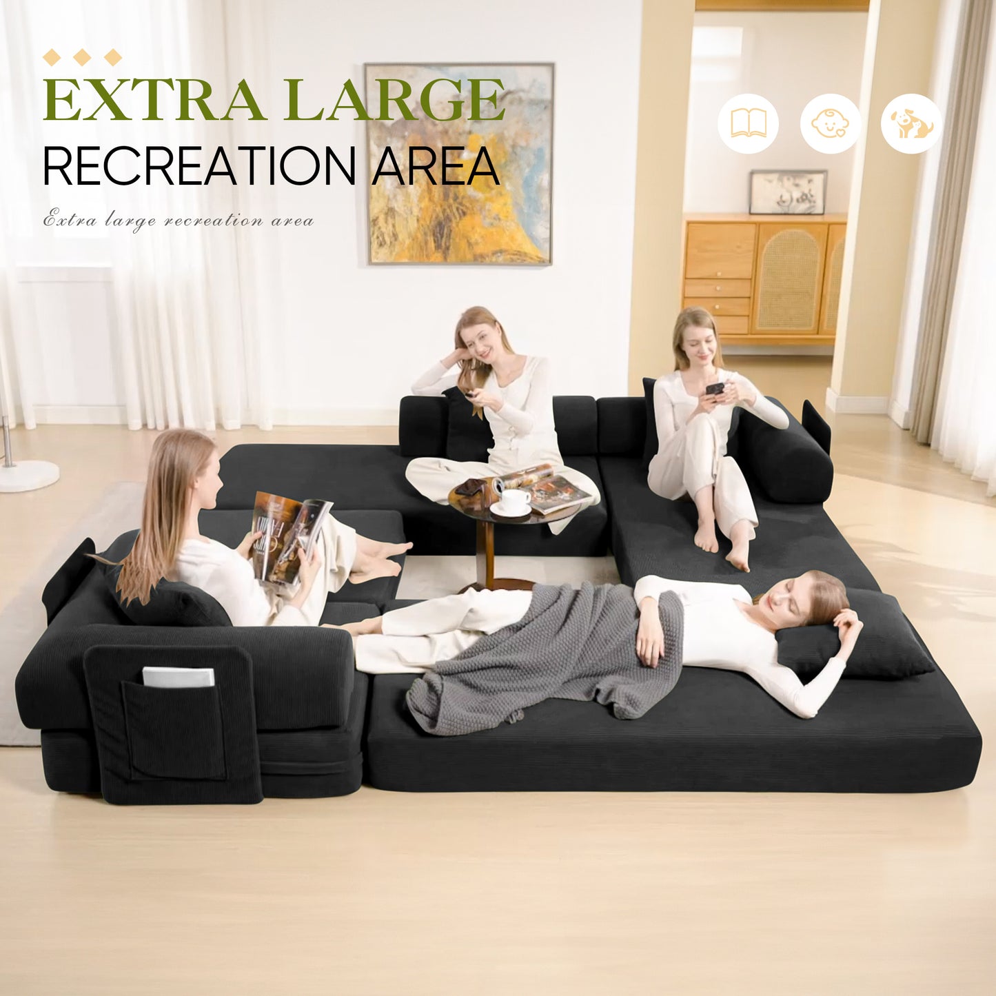 Muumblus L-Shape Convertible Floor Sofa Bed, Comfy Foldable Modular Sleeper Sectional Couch for Living Room, Bedroom