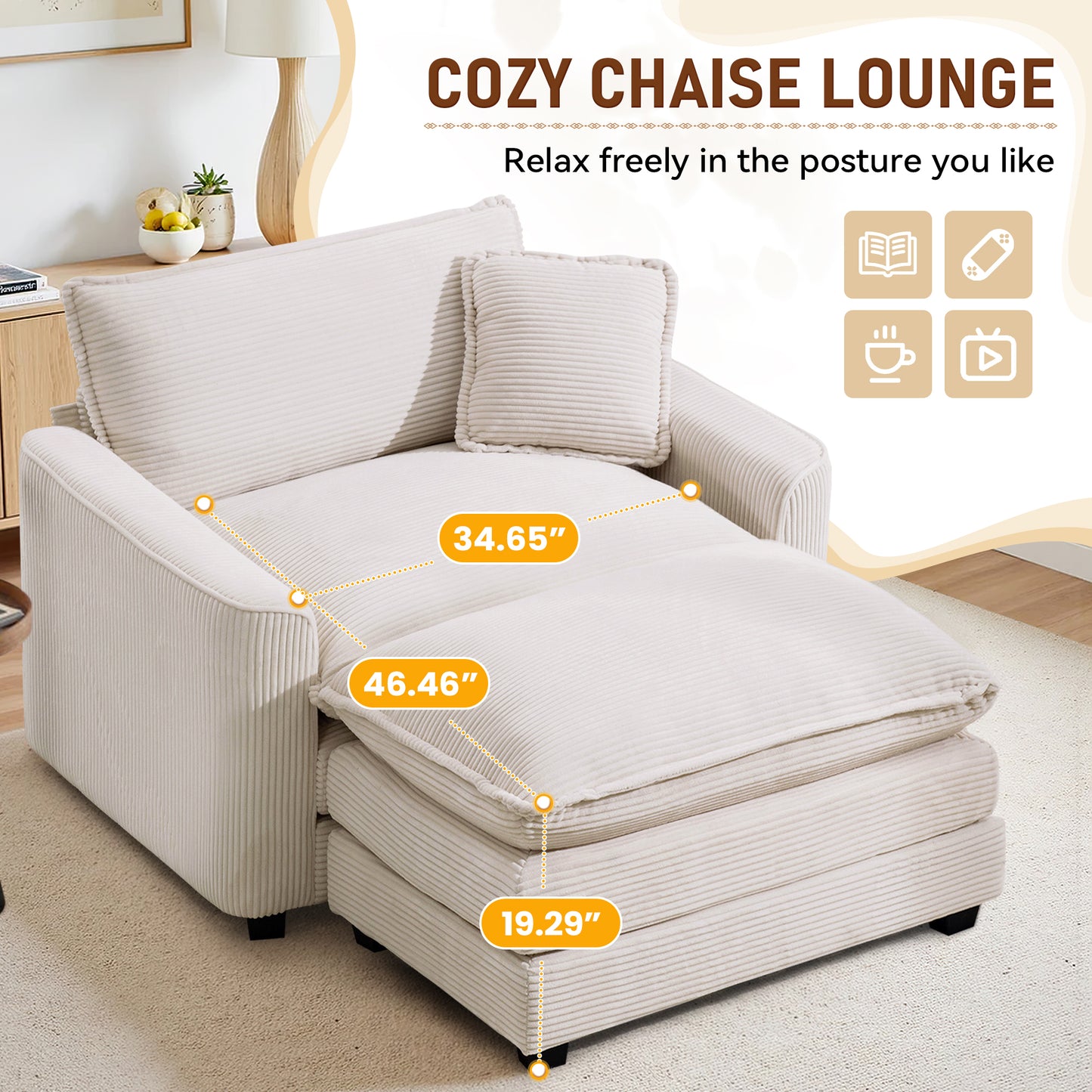 Muumblus 46" Indoor Lounge Chair with Ottoman, Corduroy Cozy Accent Armchair for Living Room, Beige