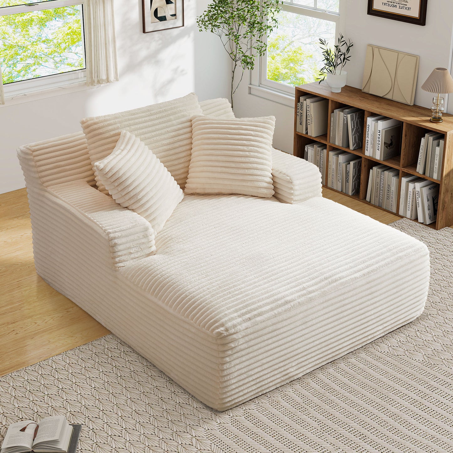 Muumblus Oversized Chaise Lounge Chiar Indoor Furniture, No Assembly Required, Plush Corduroy Upholstered Sofa Bed Cozy Sleeper Couch for Living Room, Bedroom