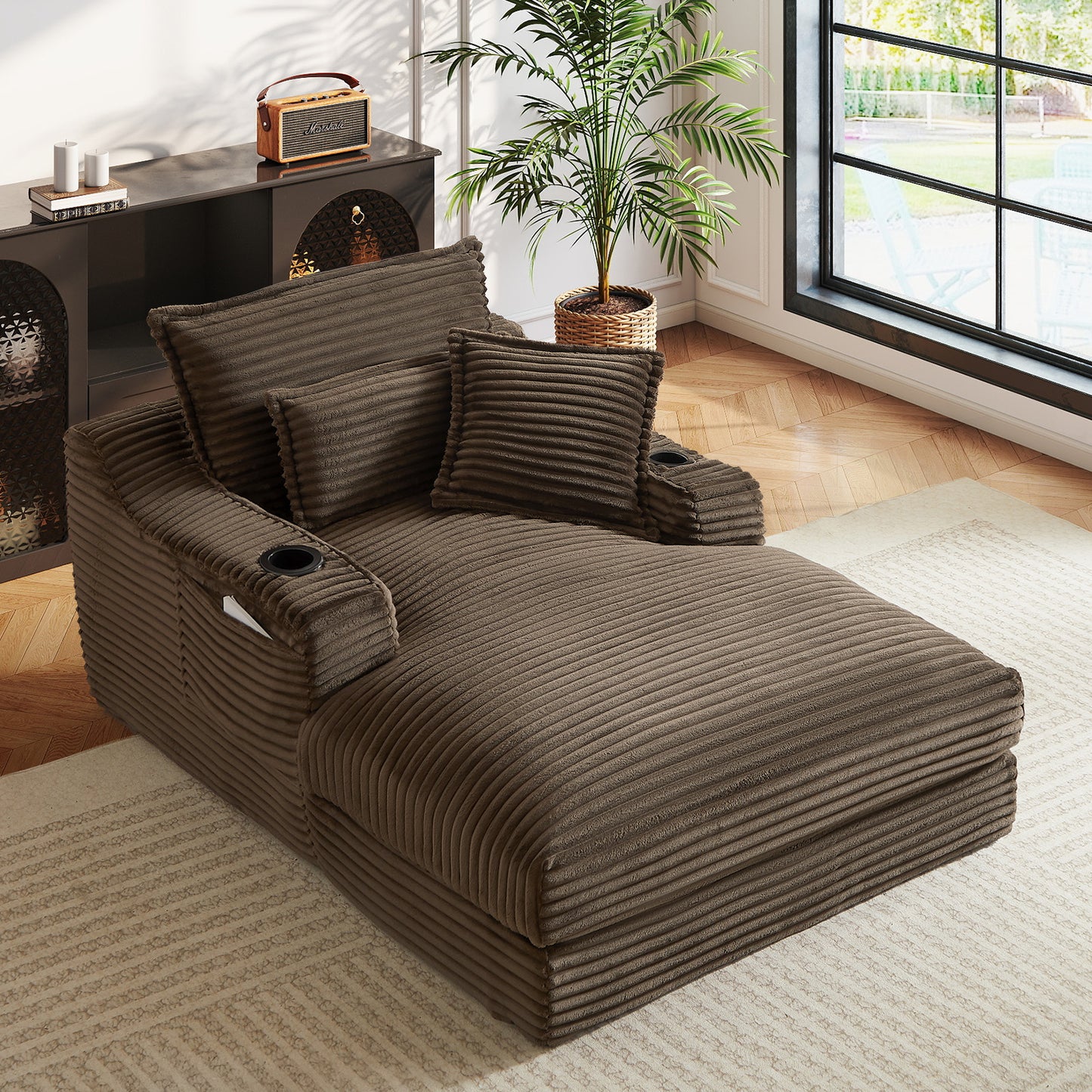 Muumblus Indoor Chaise Lounge with Cup Holders, No Assembly Required, Oversized Upholstered Lounge Chair Sofa Bed for Living Room, Bedroom, Apt., Beige Corduroy