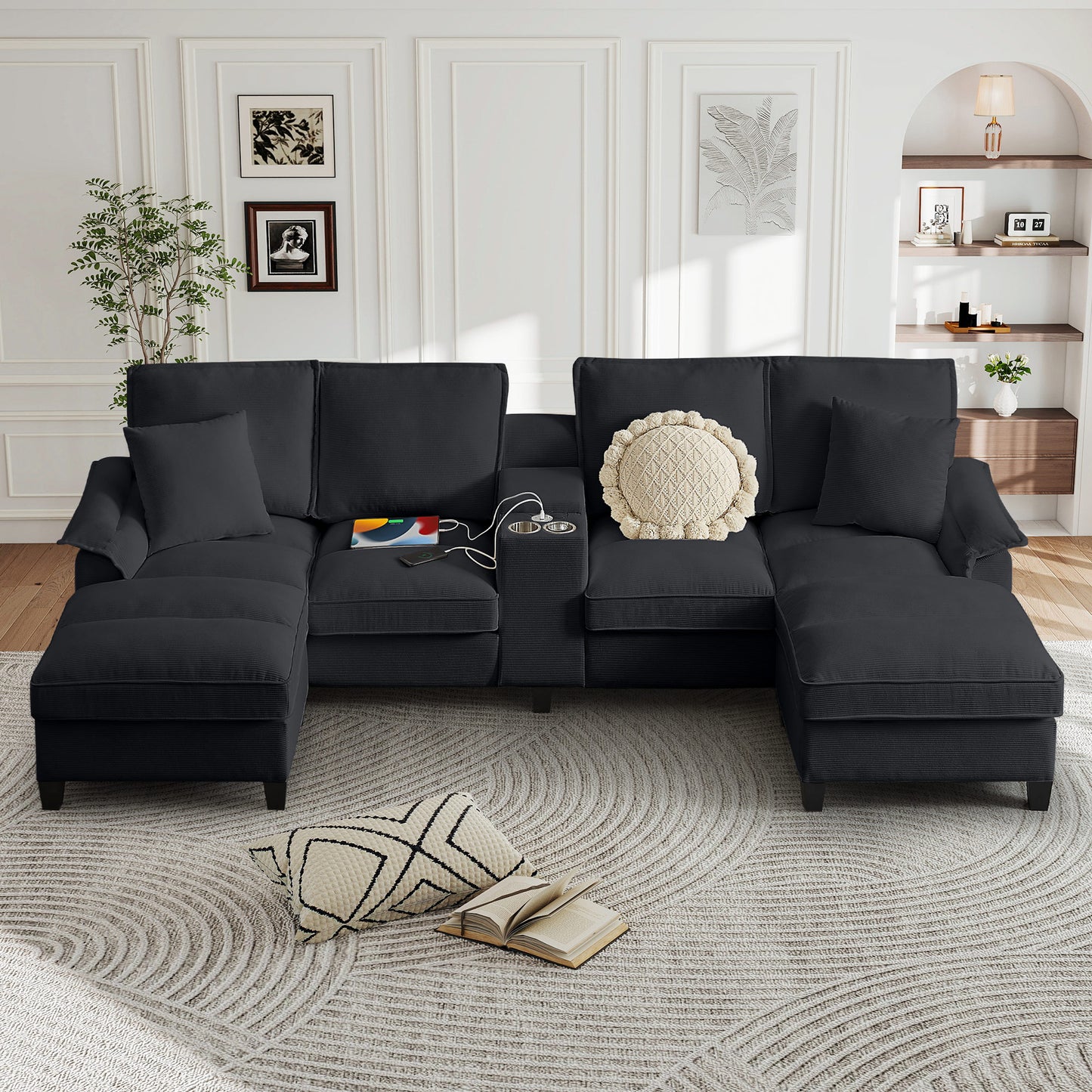 Muumblus 120" U-Shaped Sectional Sofa with USB & Storage, Living Room 4-Seater Couch with Double Chaise Lounge, Cup Holders, Beige Corduroy