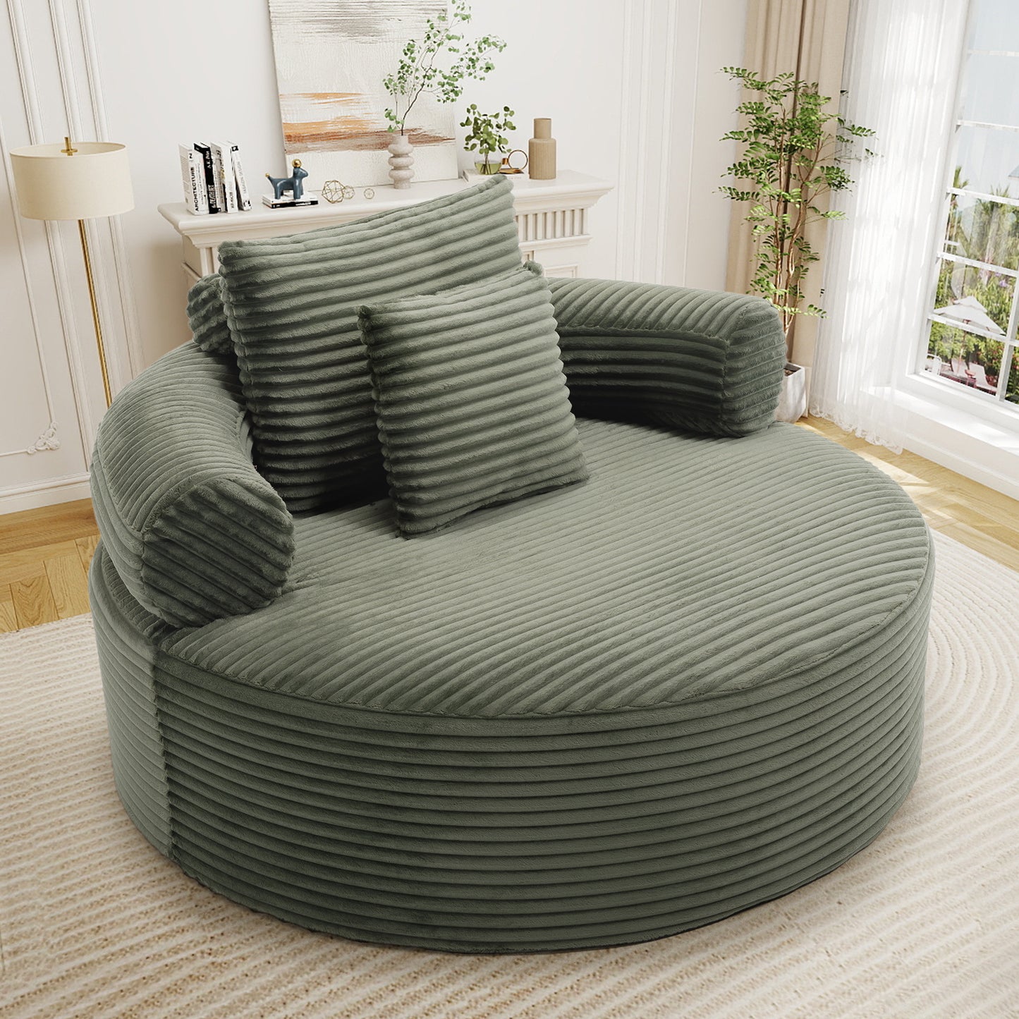 Muumblus 55" Indoor Round Lounge Chair, Oversized Boneless Accent Barrel Chair, Black Corduroy