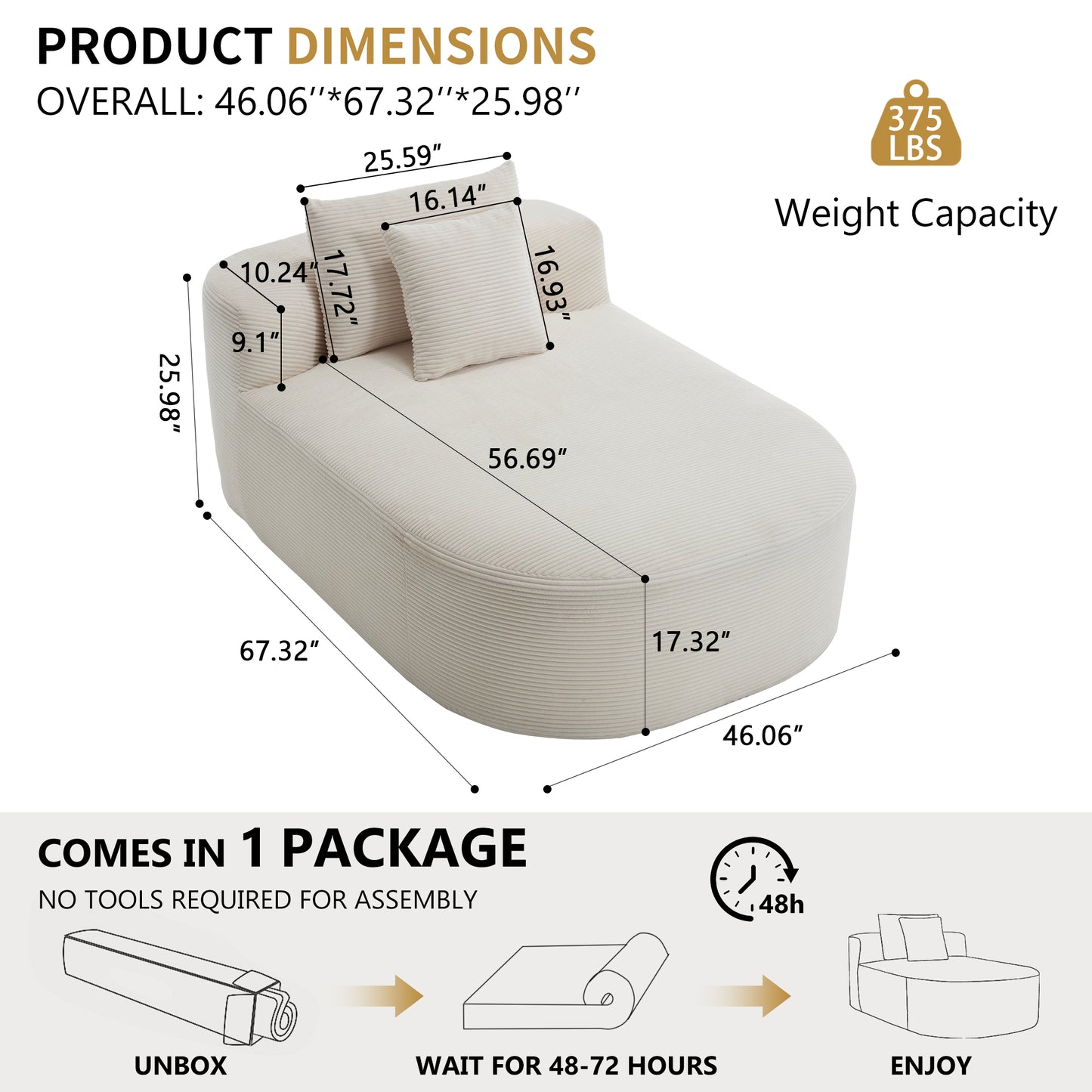Muumblus 67.5" Oversized Chaise Lounge Indoor Furniture, No Assembly Boneless Cloud Couch, Deep Seat Corduroy Sleeper Sofa Bed for Living Room, Beige
