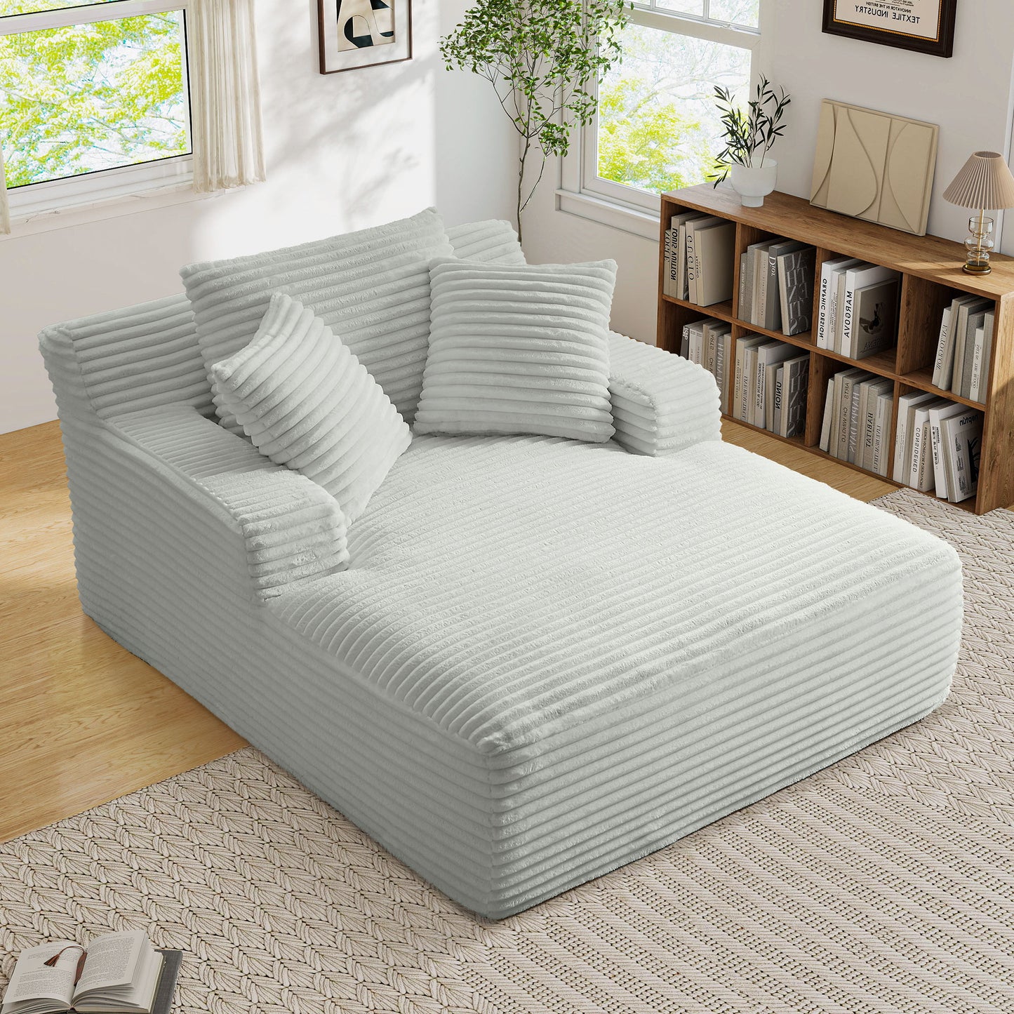 Muumblus Oversized Chaise Lounge Chiar Indoor Furniture, No Assembly Required, Plush Corduroy Upholstered Sofa Bed Cozy Sleeper Couch for Living Room, Bedroom