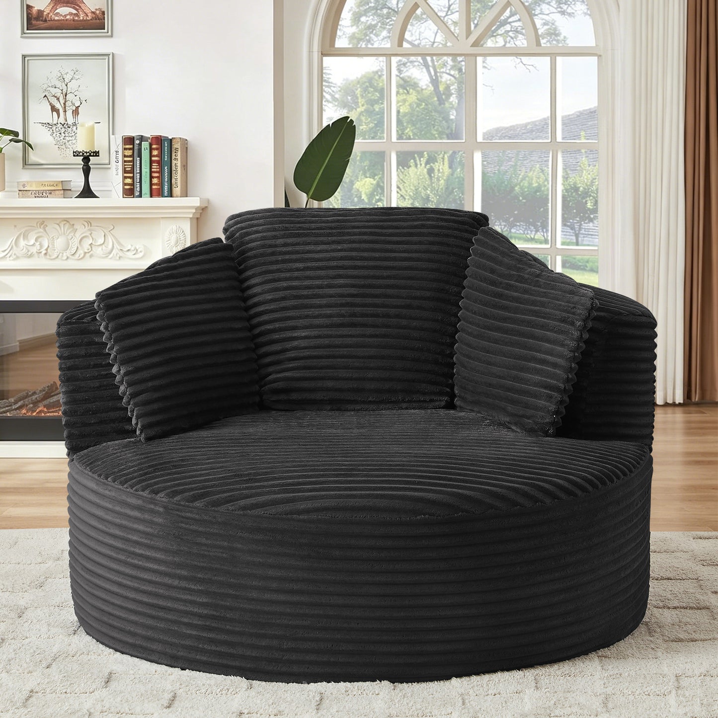 Muumblus 48.8" Oversized Accent Barrel Chair, Fluffy Round Lazy Sofa Chair for Adults, No Assembly Required, Black Corduroy