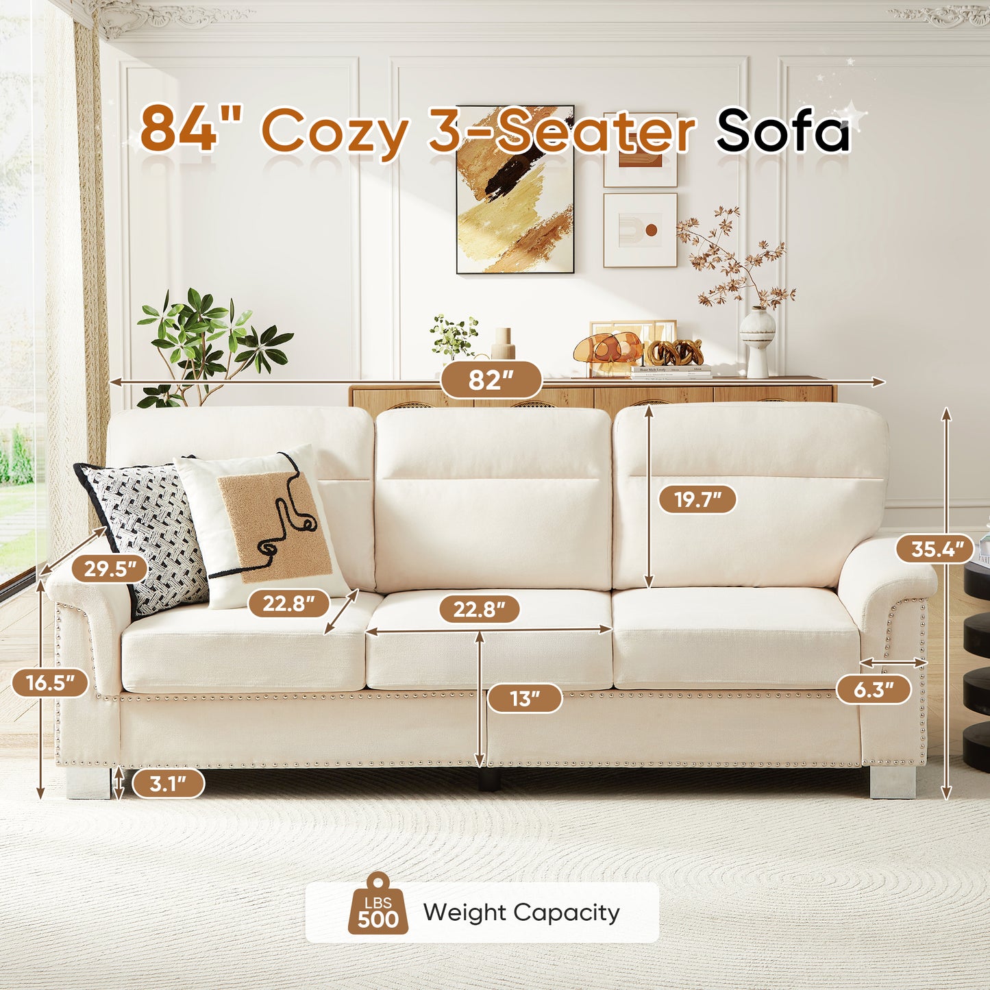 Muumblus 84" 3-Seater Sofa, Modern Deep Seat Nailhead Trim Couch with Curved Arms and Metal Legs for Living Room, Beige