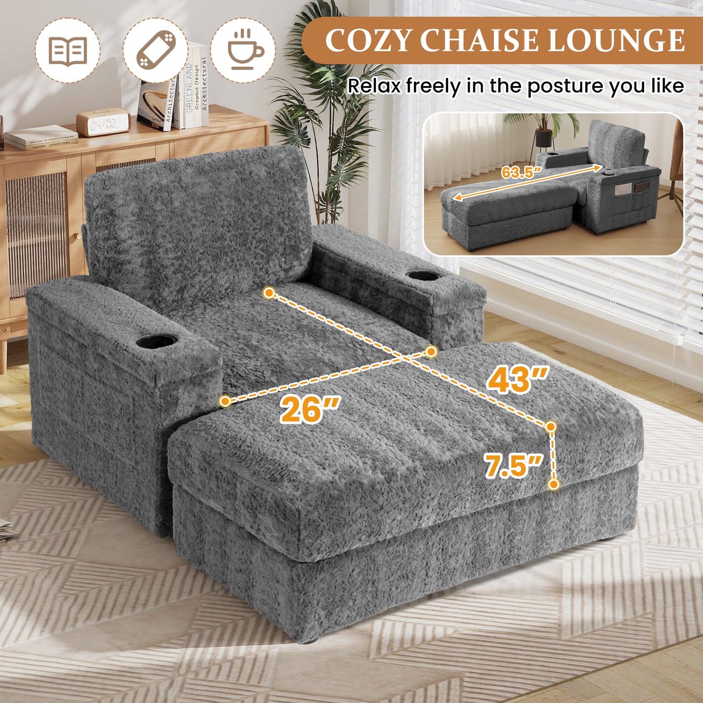Muumblus 42" Chaise Lounge Indoor, Accent Armchair with Storage Ottoman & Armrests, Oversized Lounge Chair Sleeper Chair for Living Room, Gray Faux Rabbit Fur