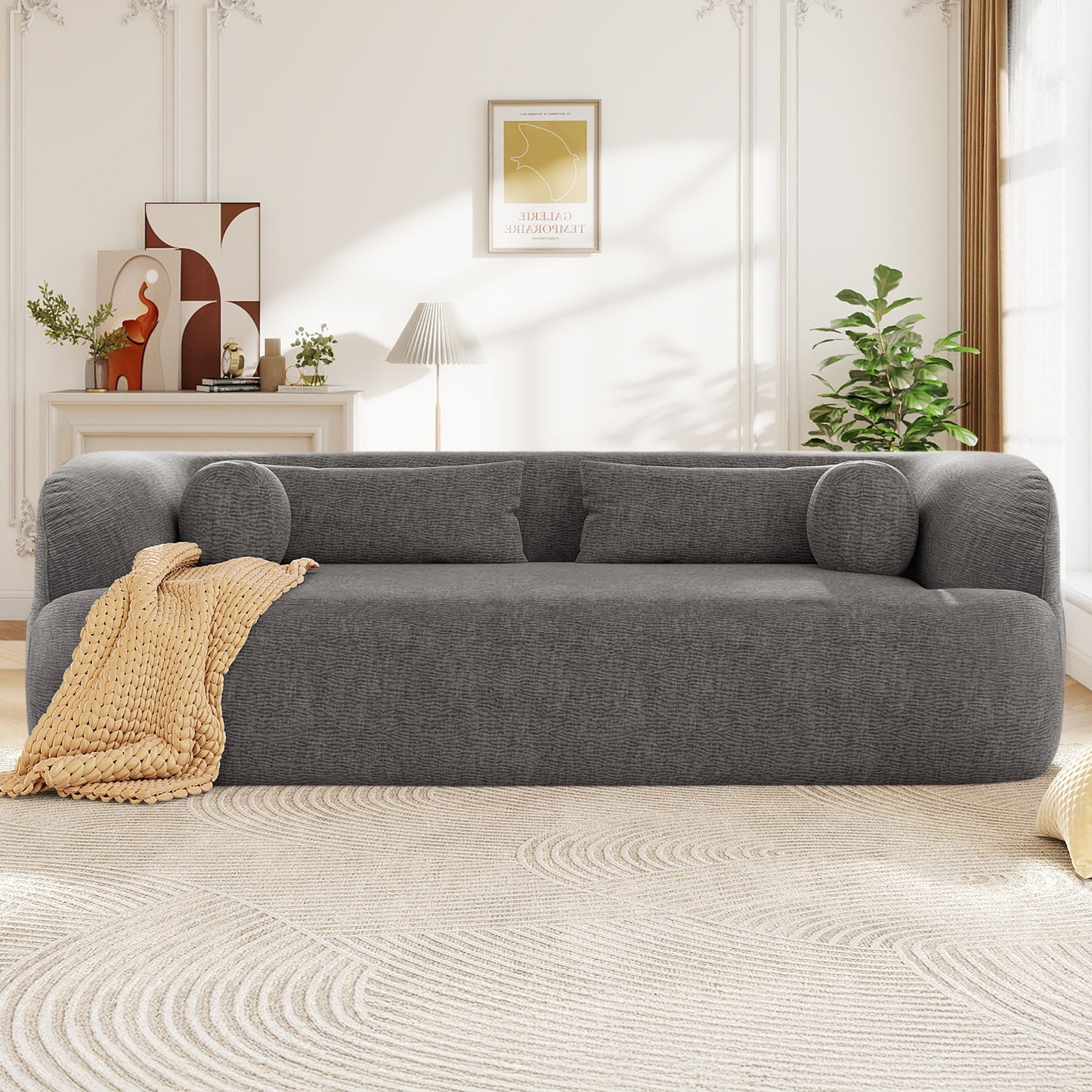Muumblus 86“ Chenille Boneless Sofa, Modern Upholstered Living Room Couch, Cozy Curved 3-Seater Cloud Sofa, Gray