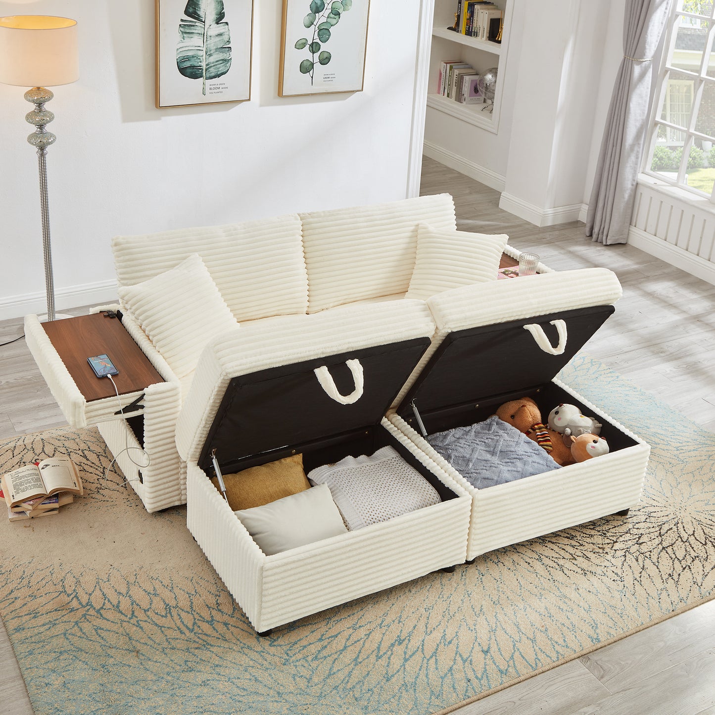 Muumblus Modular Sectional Sofa with 2 Storage Ottomans, 2 Side Tables & USB, Cozy Double Chaise Lounge Cloud Sofa, Plush Corduroy Sleeper Bed Couch for Living Room, White