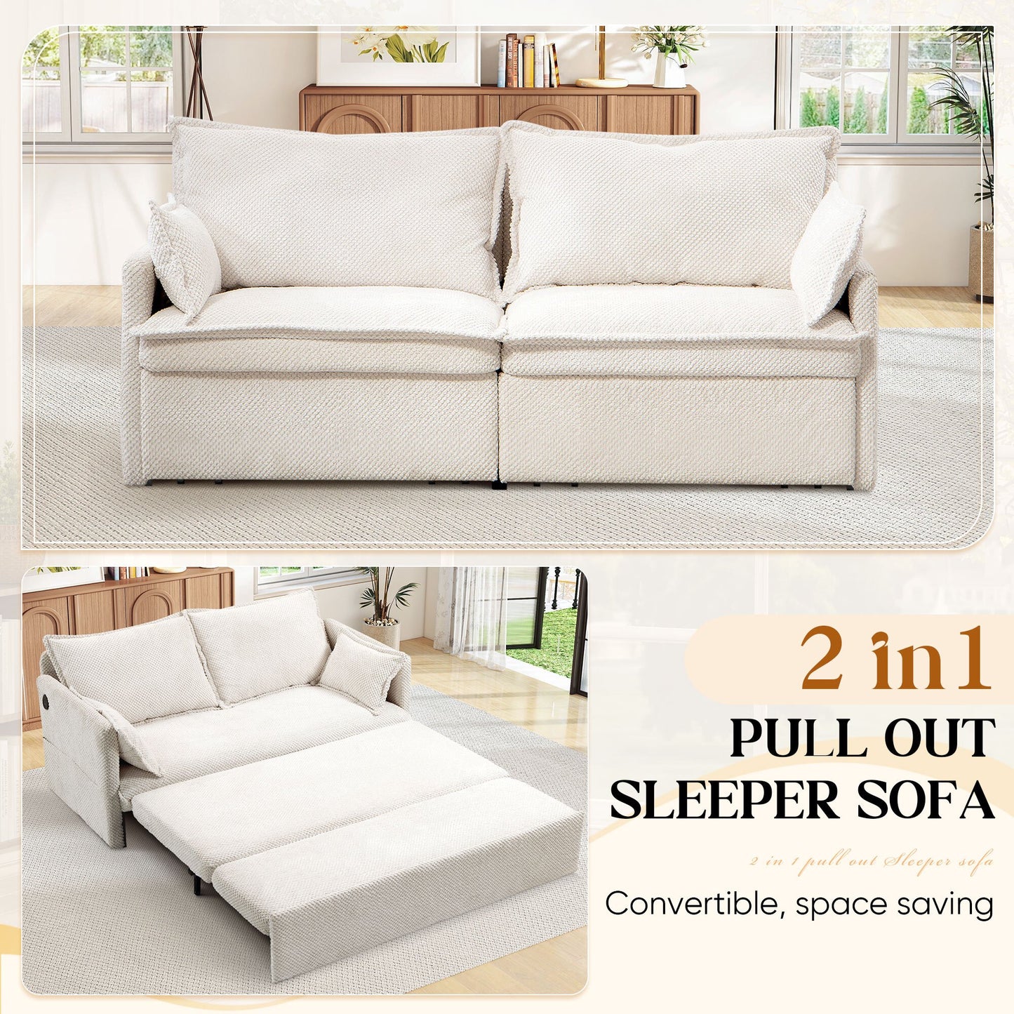 Muumblus  Futon Sofa Bed, Convertible Couch Bed with USB, Corduroy Loveseat Sleeper for Small Spaces, Beige