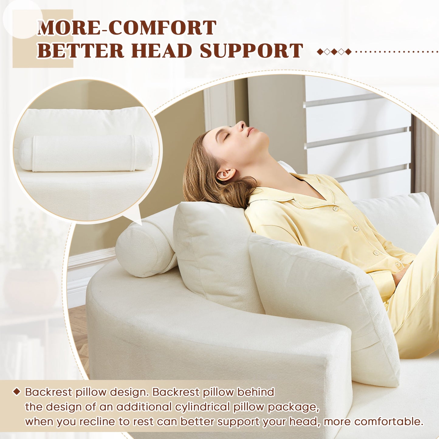Muumblus Oversized Round Lounge Chaise Chair Indoor,Corduroy Boneless Cloud Couch with 3 Pillows, No Assembly Required, Modern Accent Chair for Living Room, Beige Chenille
