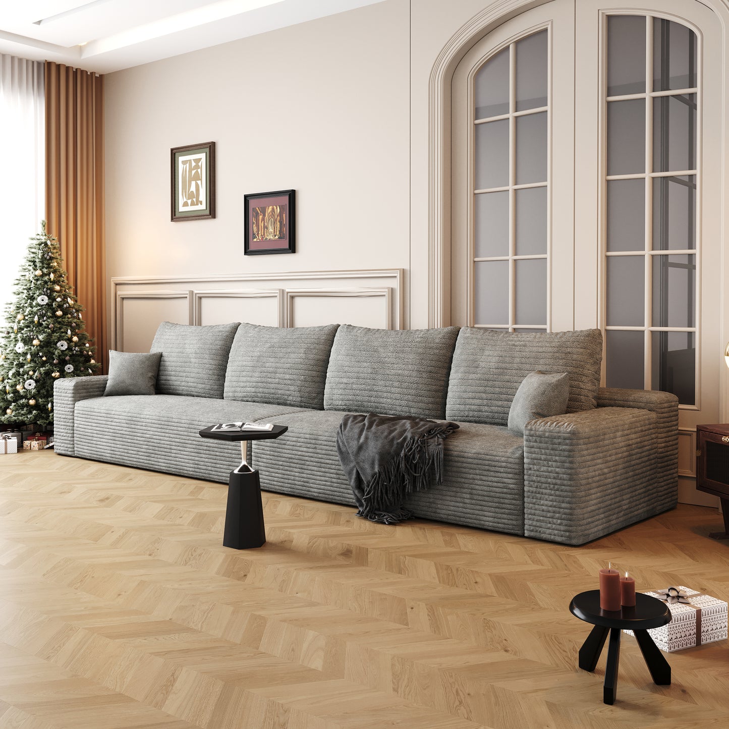 Muumblus 140" Cloud Sectional Sofa, Cozy 4-Seater Modular Sofa, Plush Corduroy Sleeper Bed Couch, No Assembly Required, Black