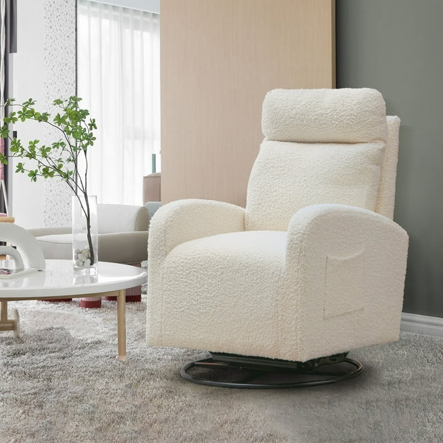 Muumblus Swivel Glider Rocker, Modern Teddy High Back Rocking Chair for Living Room, White